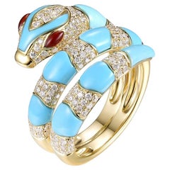 Snake Ring Stabilized Turquoise and Diamond Ring in 18 Karat Yellow Gold