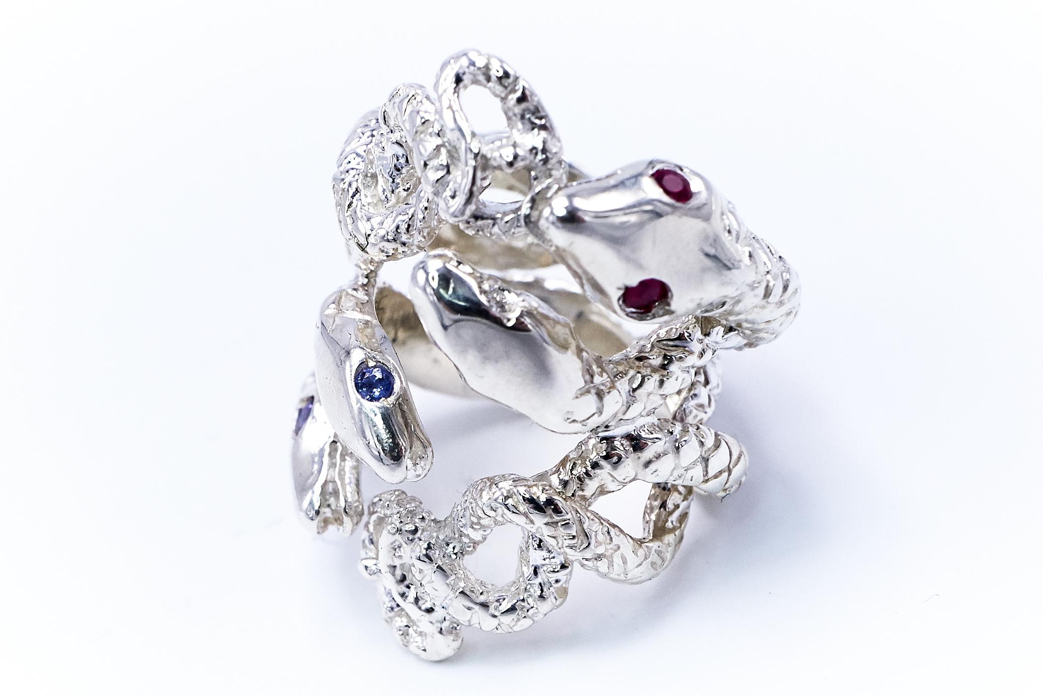 Contemporary Snake Ring Statement Silver Cocktail Ring White Diamond Ruby Tanzanite J Dauphin For Sale