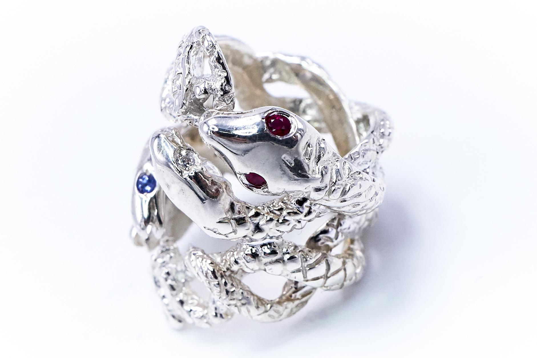 Brilliant Cut Snake Ring Statement Silver Cocktail Ring White Diamond Ruby Tanzanite J Dauphin For Sale