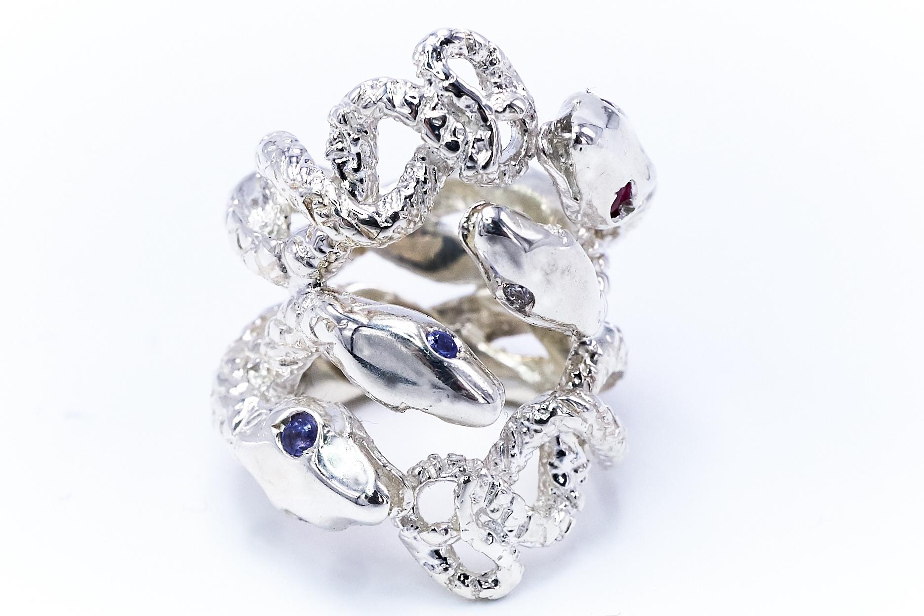 Snake Ring Statement Silver Cocktail Ring White Diamond Ruby Tanzanite J Dauphin For Sale 1