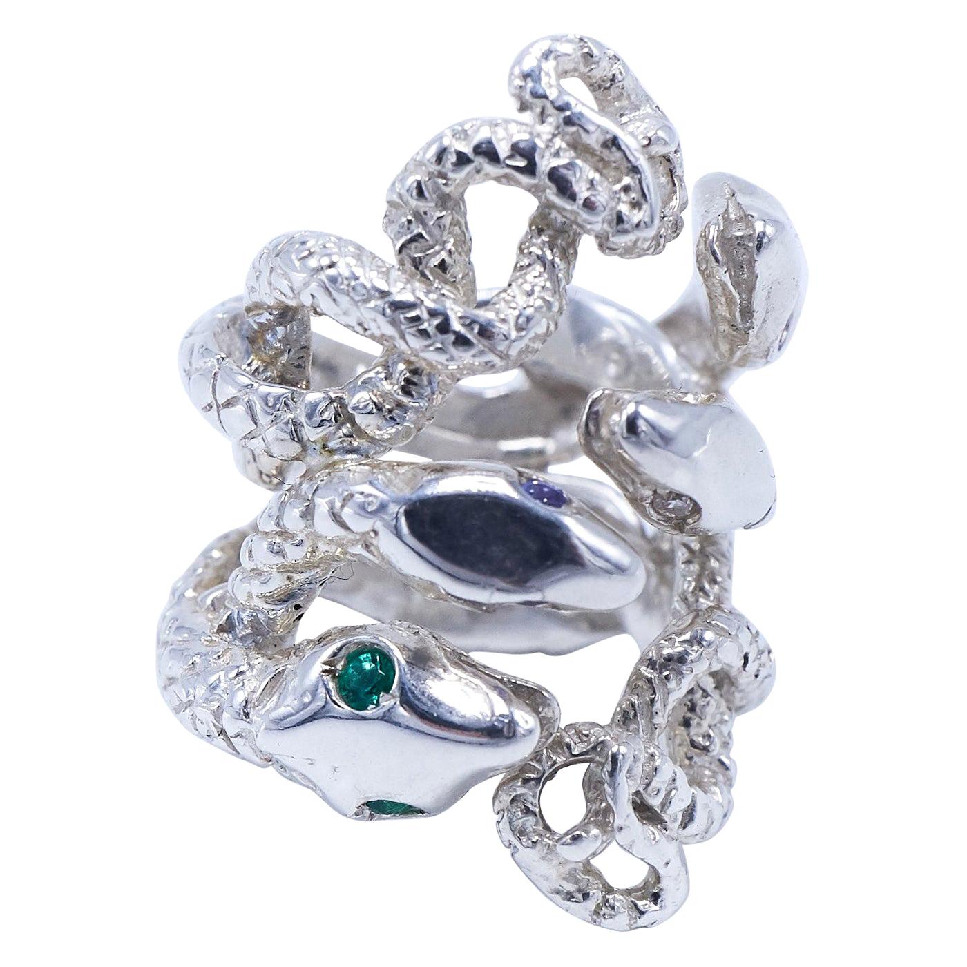 Brilliant Cut Snake Ring Sterling Silver Cocktail Ring Diamond Emerald Pink Sapphire J Dauphin For Sale