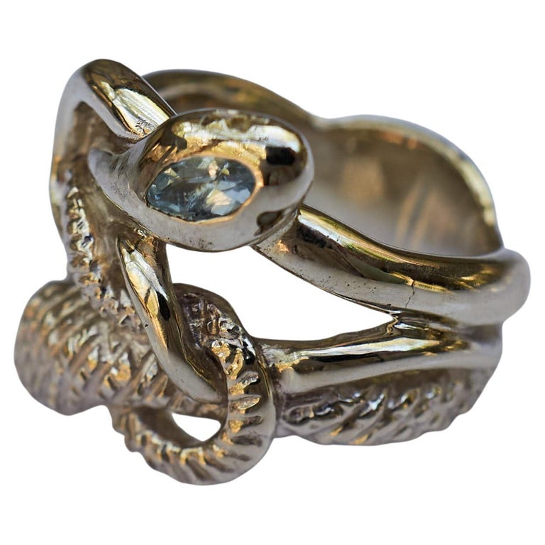 Snake Ring White Gold Double Head Aquamarine White Diamond J Dauphin For Sale at 1stDibs