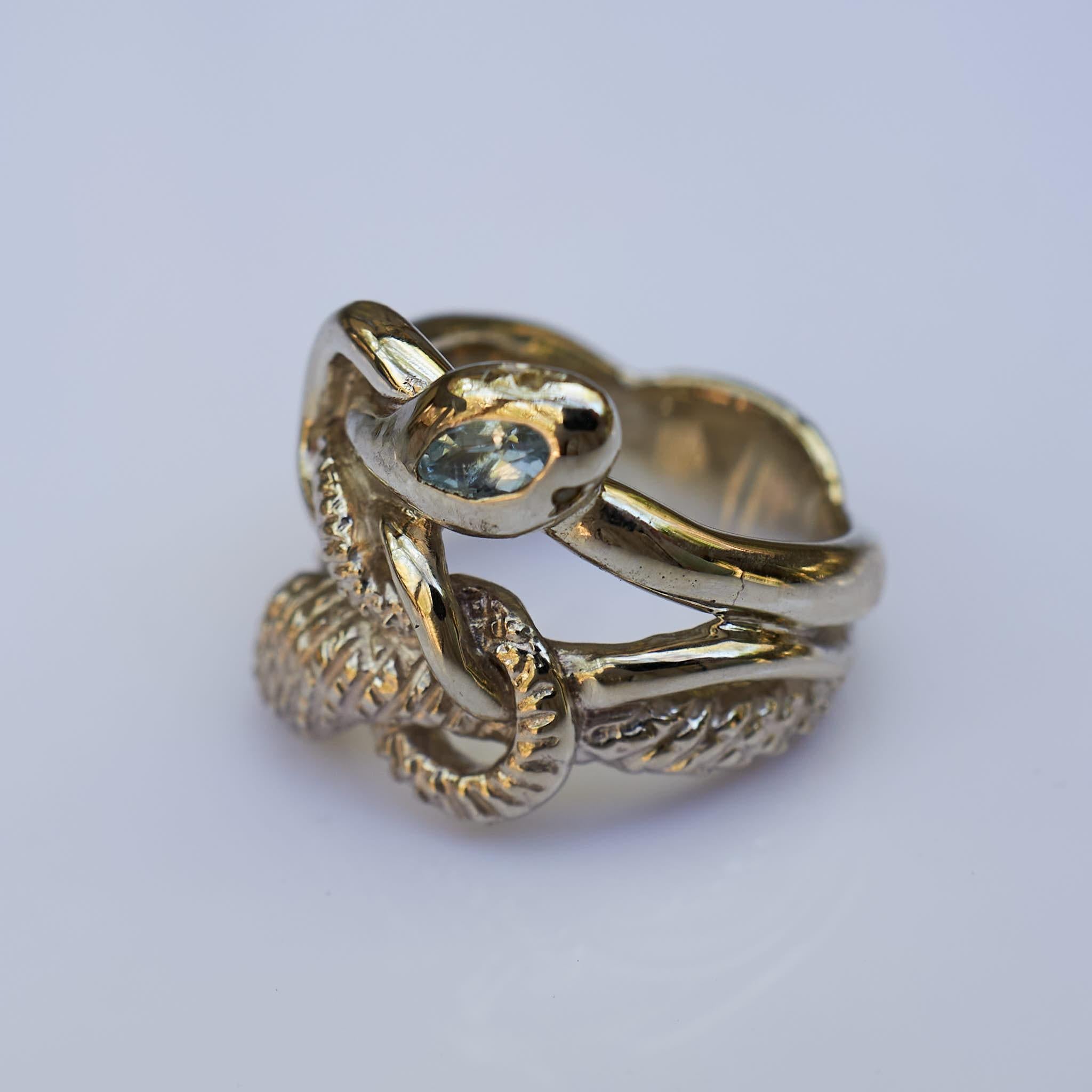 Victorian Snake Ring White Gold Double Head Aquamarine White Diamond J Dauphin For Sale