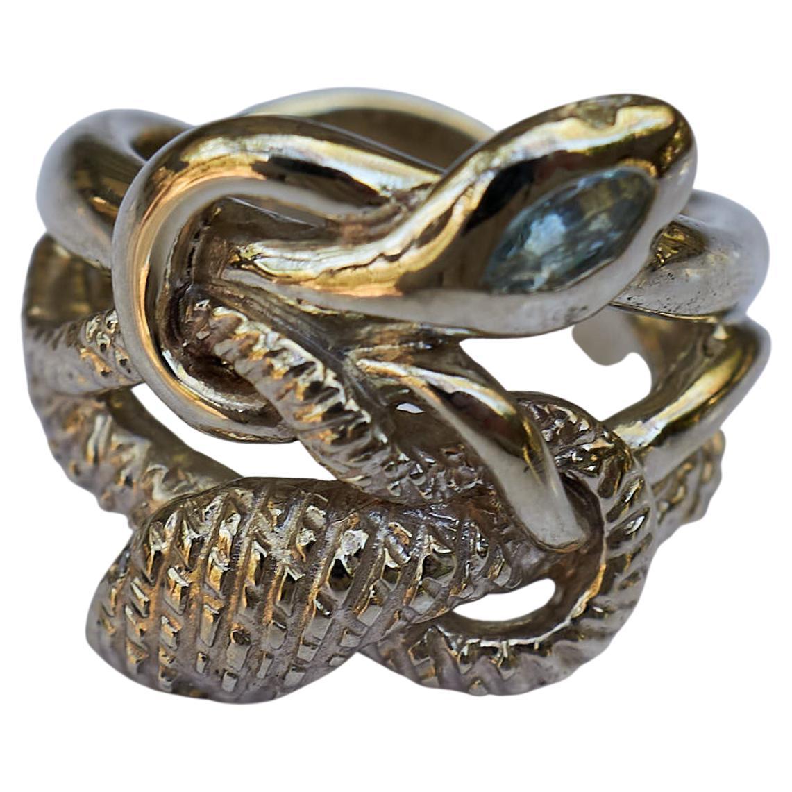 Snake Ring White Gold Double Head Aquamarine White Diamond J Dauphin