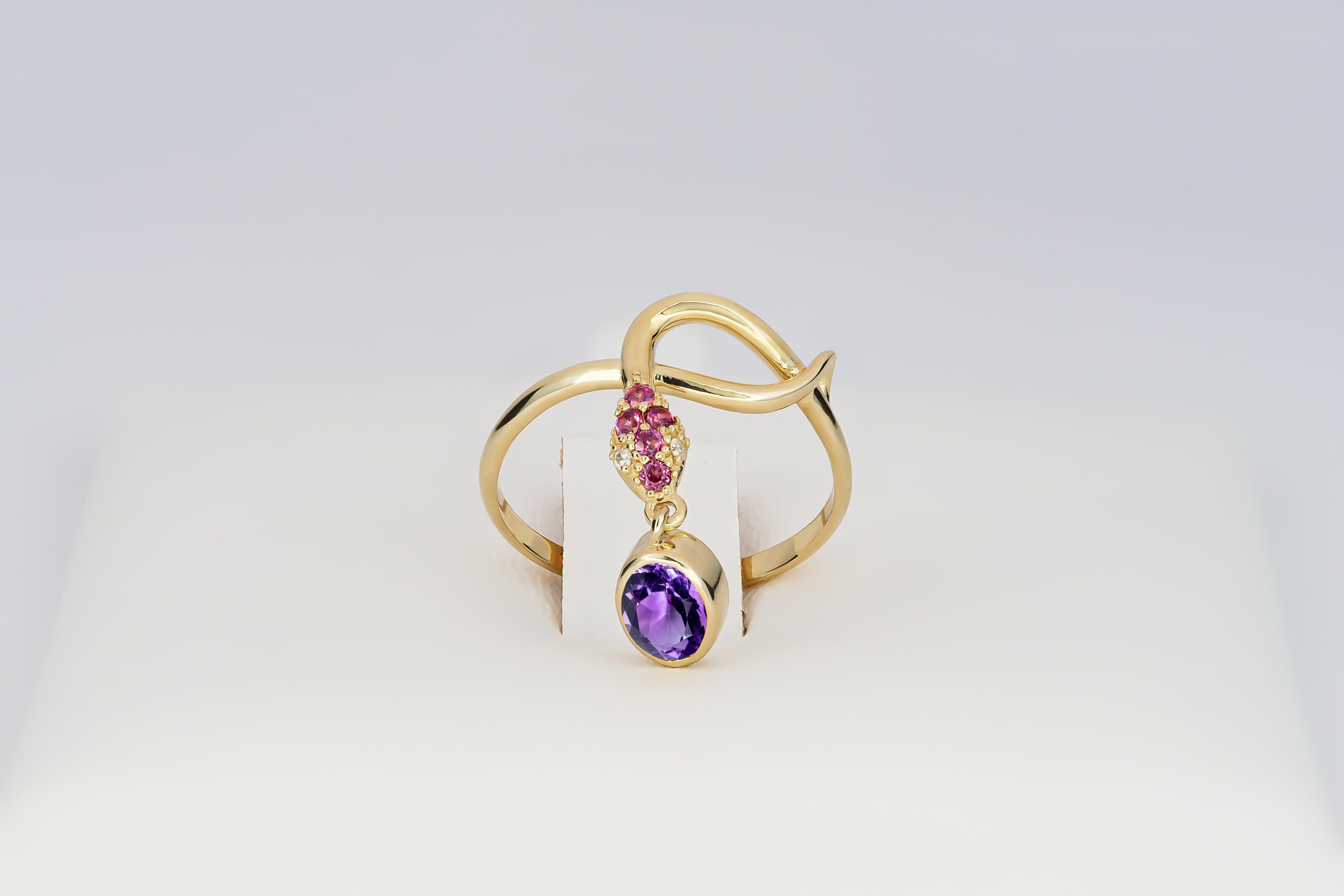 For Sale:  Snake Ring with Amethyst, Amethyst Gold Ring 4