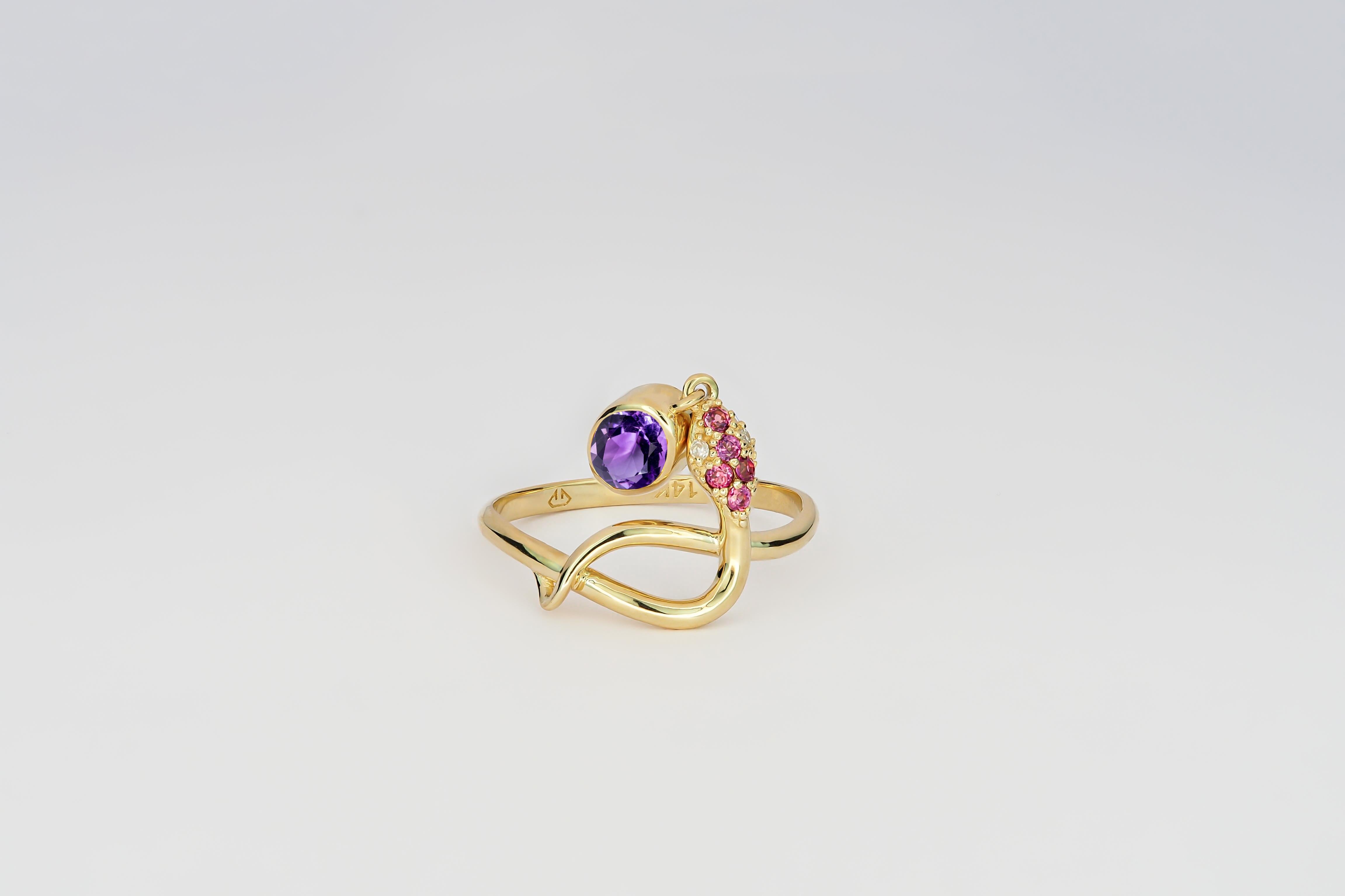 Snake ring with Amethyst. Amethyst gold ring. Snake gold ring. Genuine Amethyst ring. Oval Amethyst ring. February birthstone ring. Amethyst vintage ring. 
14k yellow gold ring with blue Amethyst, rose sapphires and diamonds. 

Metal: 14k