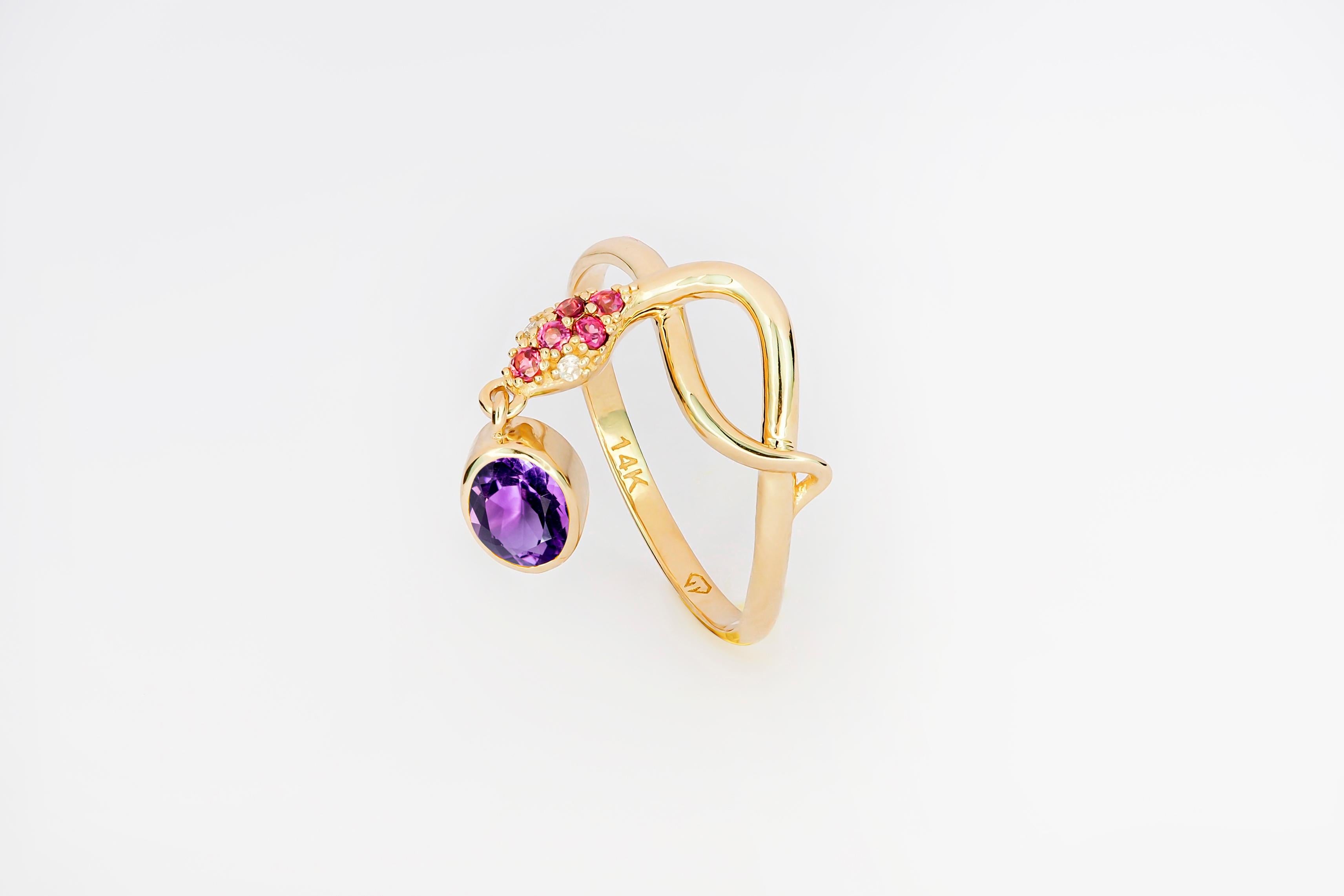 Snake Ring with Amethyst, Amethyst Gold Ring, Snake Gold Ring In New Condition For Sale In Istanbul, TR