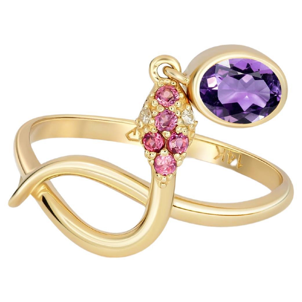 Snake Ring with Amethyst, Amethyst Gold Ring, Snake Gold Ring For Sale