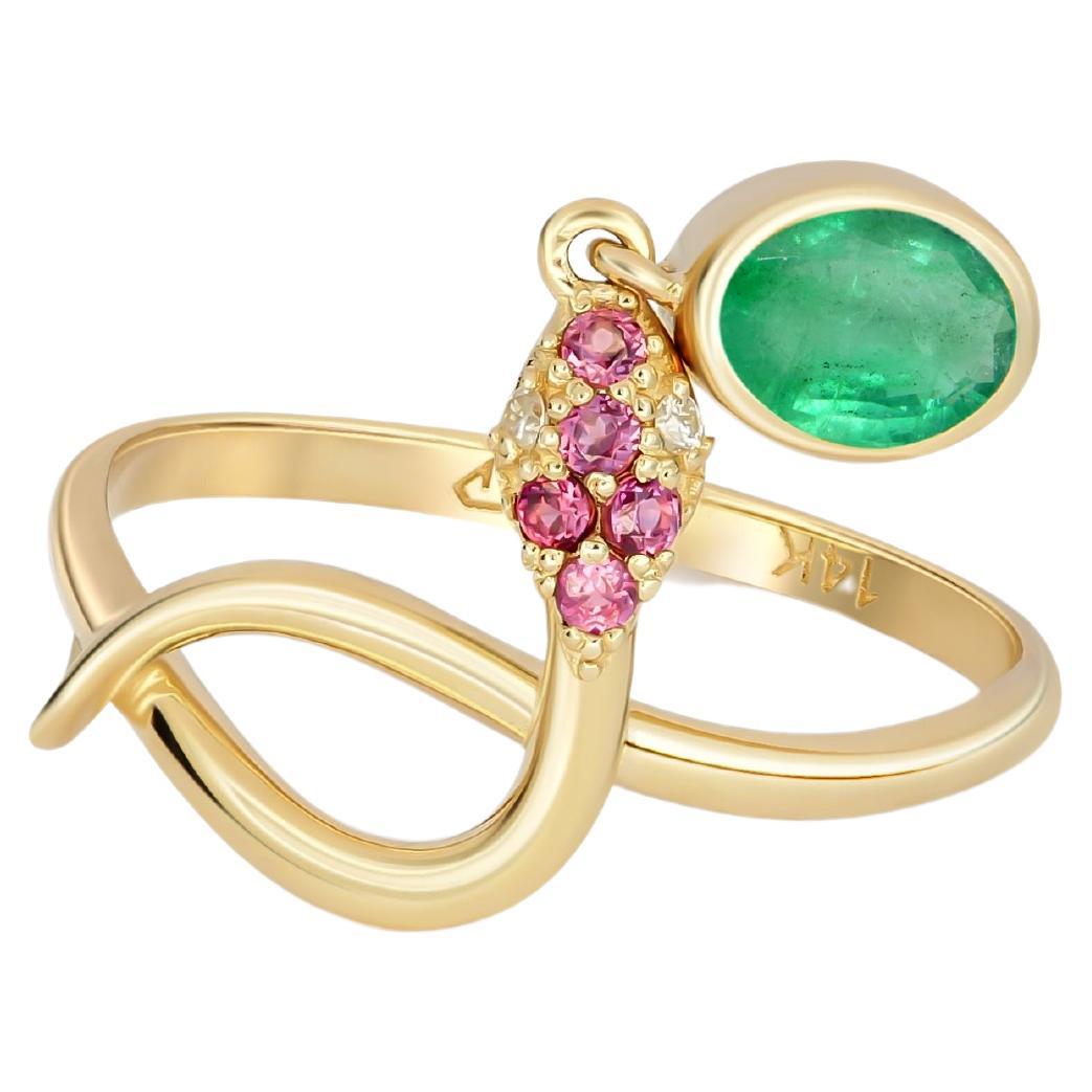 Snake Ring with Emerald, Emerald Gold Ring, Snake Gold Ring