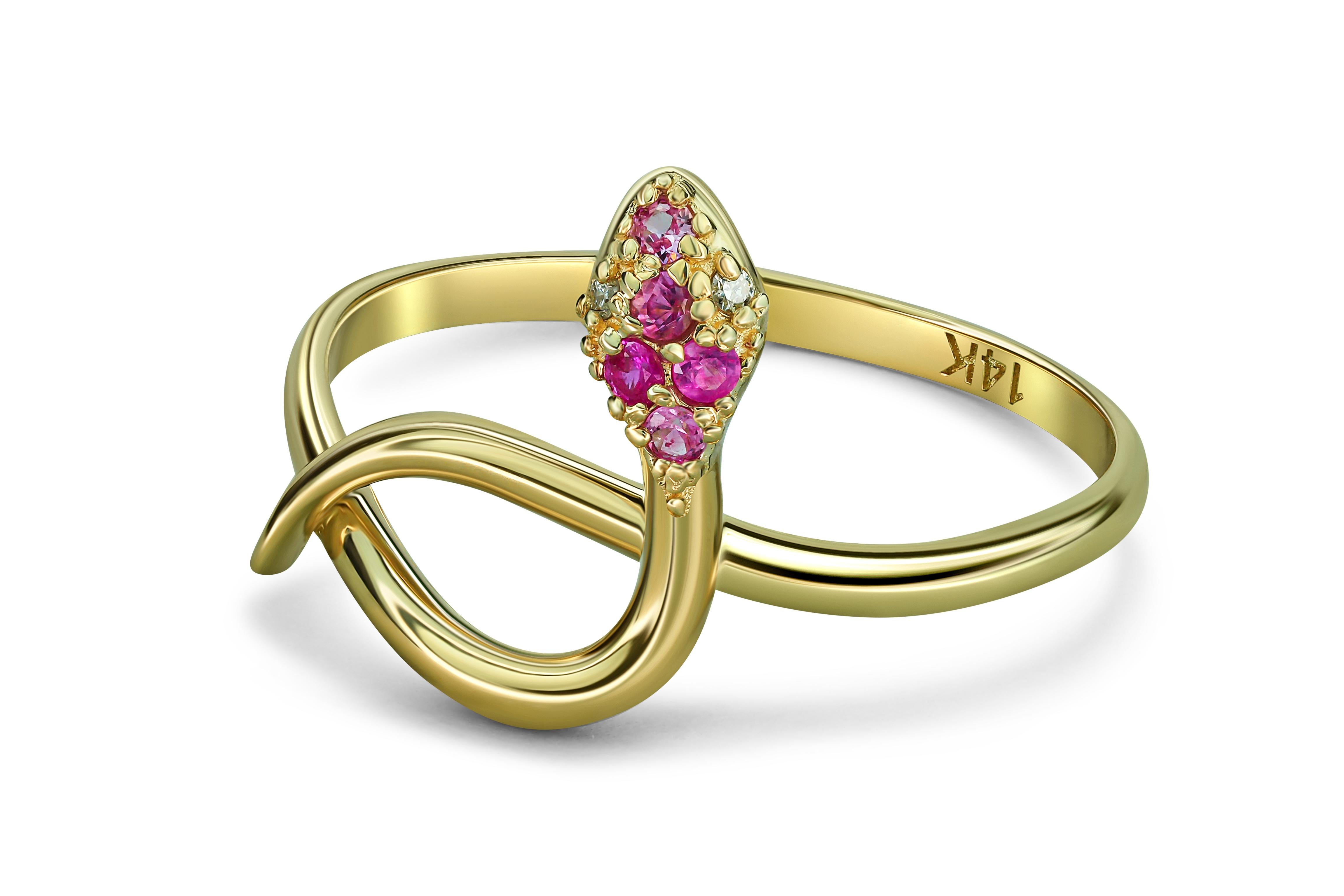 Snake ring with pink sapphire, diamonds. 
14k gold pink sapphire ring. Gold Serpentine Ring. Rose sapphire ring. Wrap Snake Band Ring.

Metal type: Gold
Metal stamp: 14k Gold
Weight: 1.70 g. (depends on size)

Gemstones:
Sapphires: 5 pieces, round