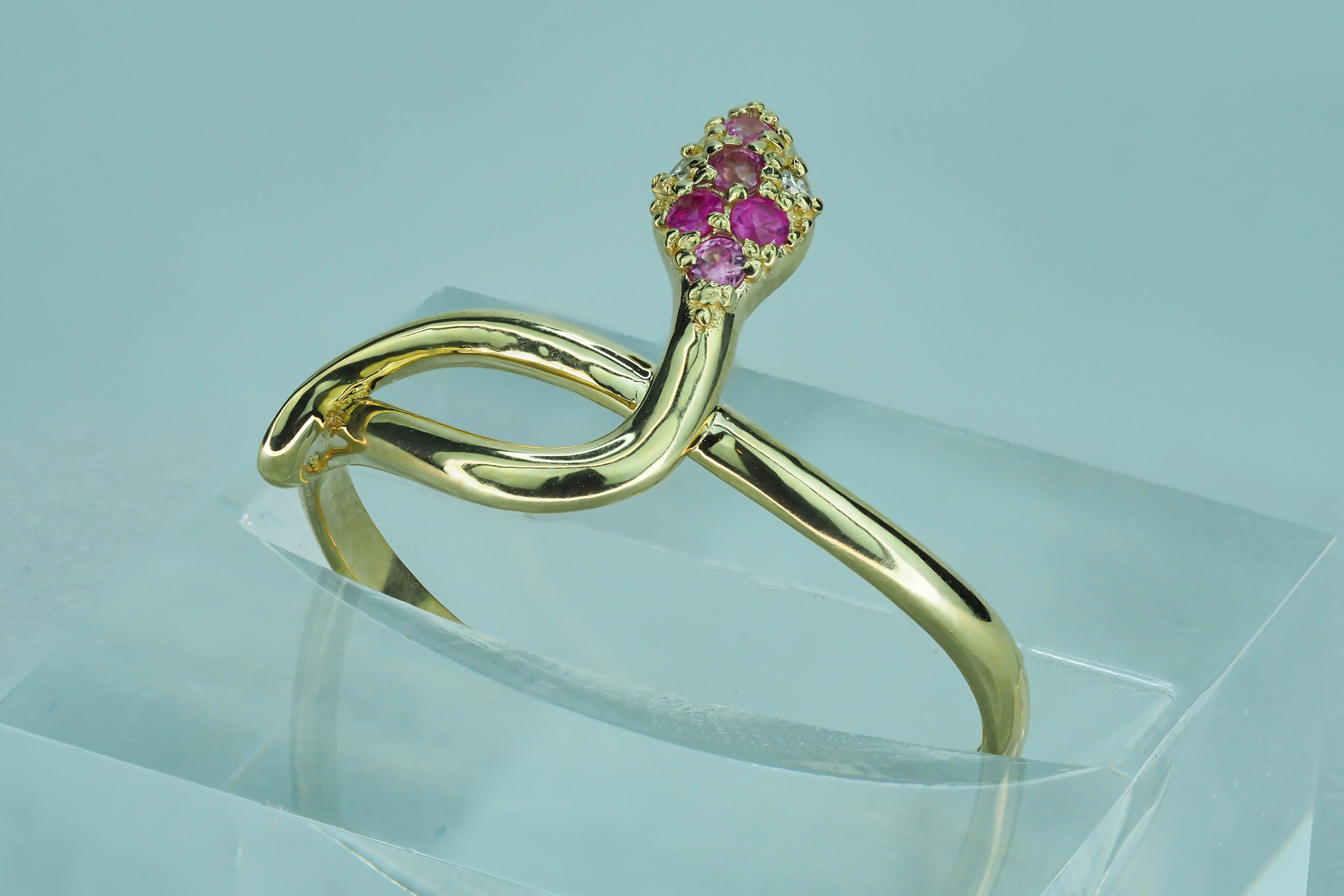 Women's Snake ring with pink sapphire, diamonds.  For Sale