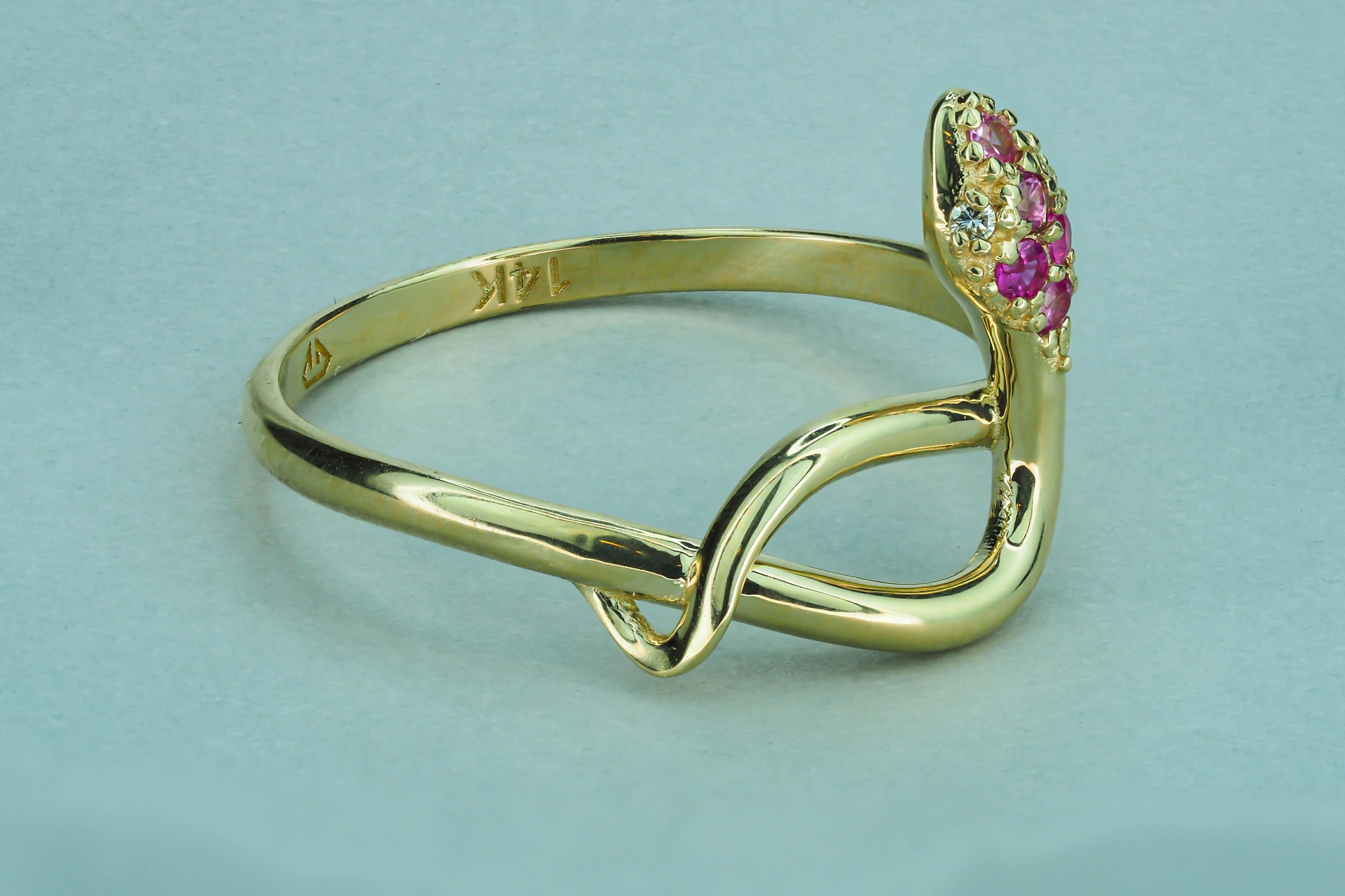 Snake ring with pink sapphire, diamonds.  For Sale 1
