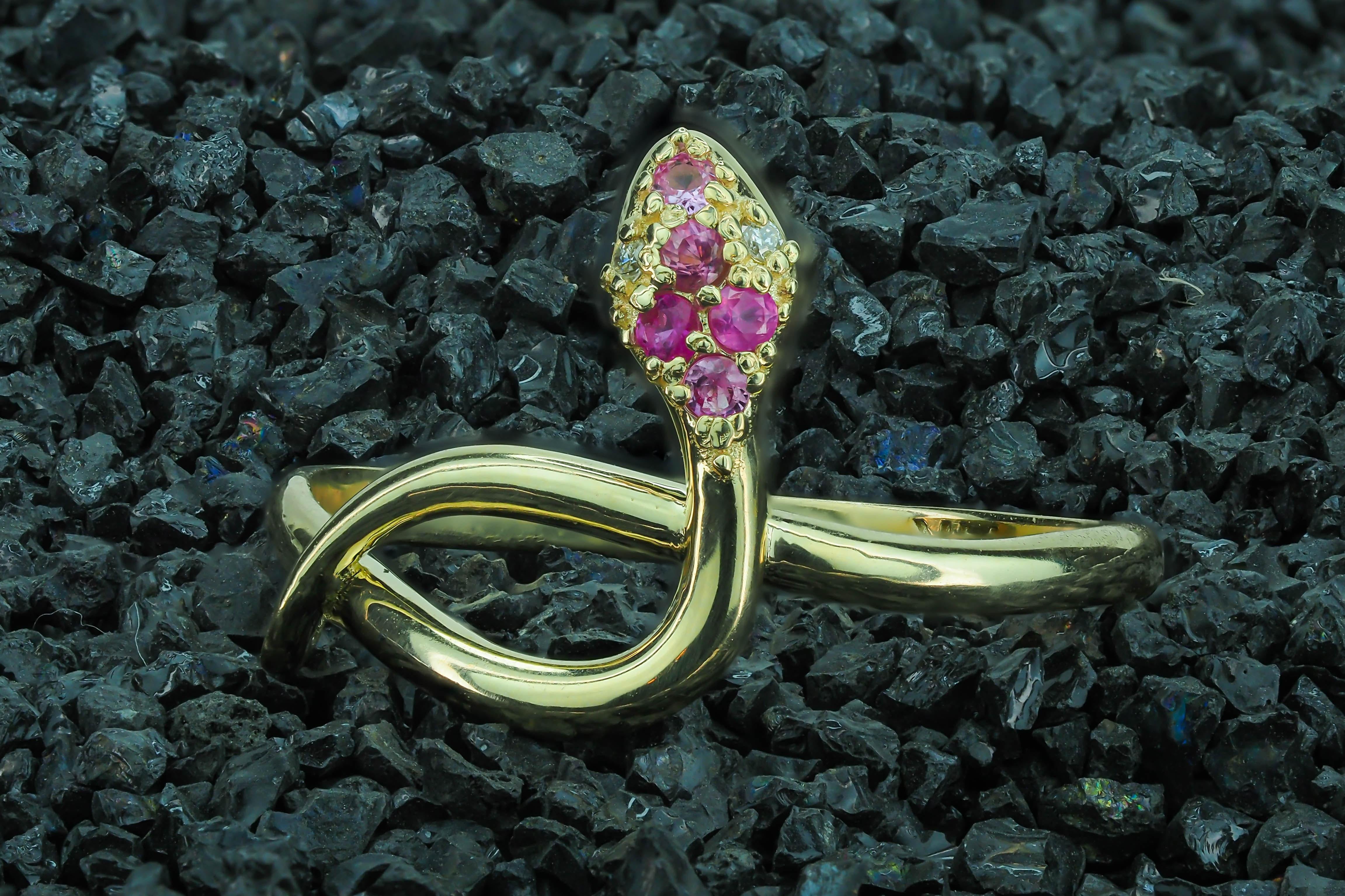 Snake ring with pink sapphire, diamonds.  For Sale 3