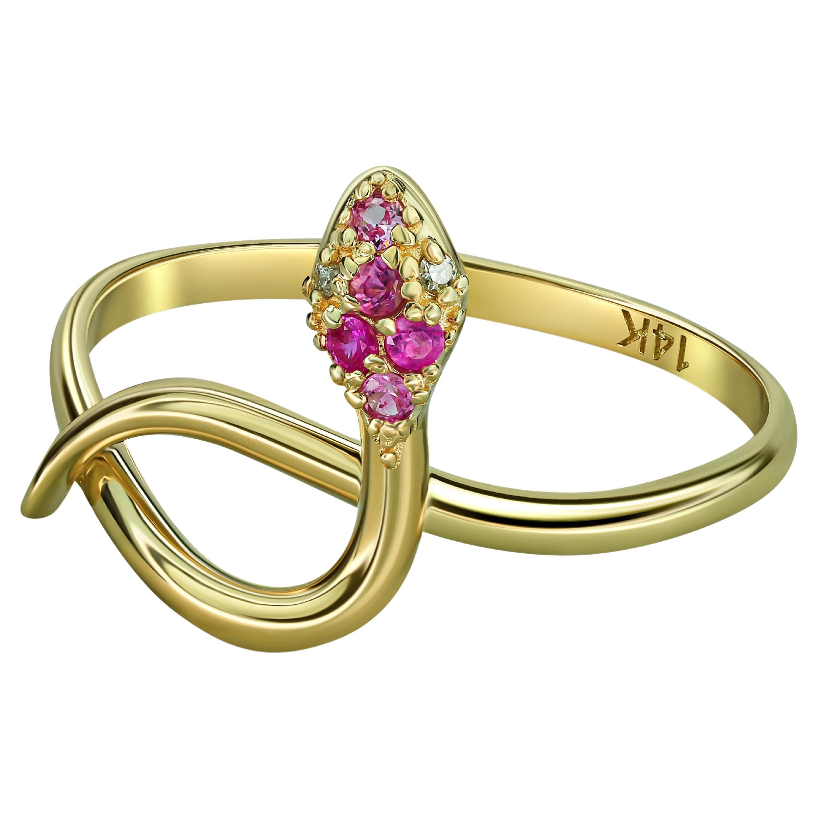 Snake ring with pink sapphire, diamonds.  For Sale