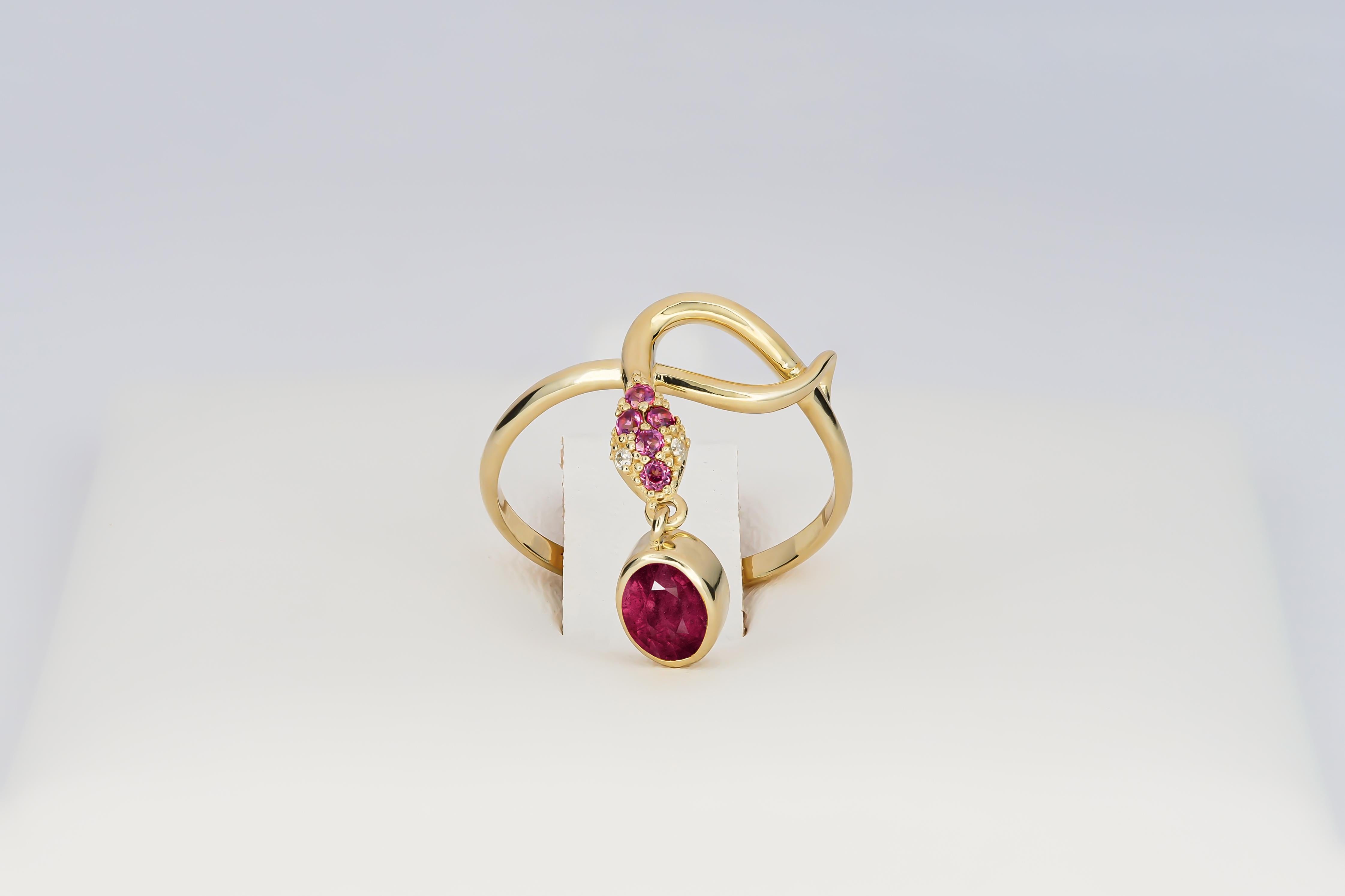 Modern Snake Ring with Ruby, Ruby Gold Ring, Snake Gold Ring