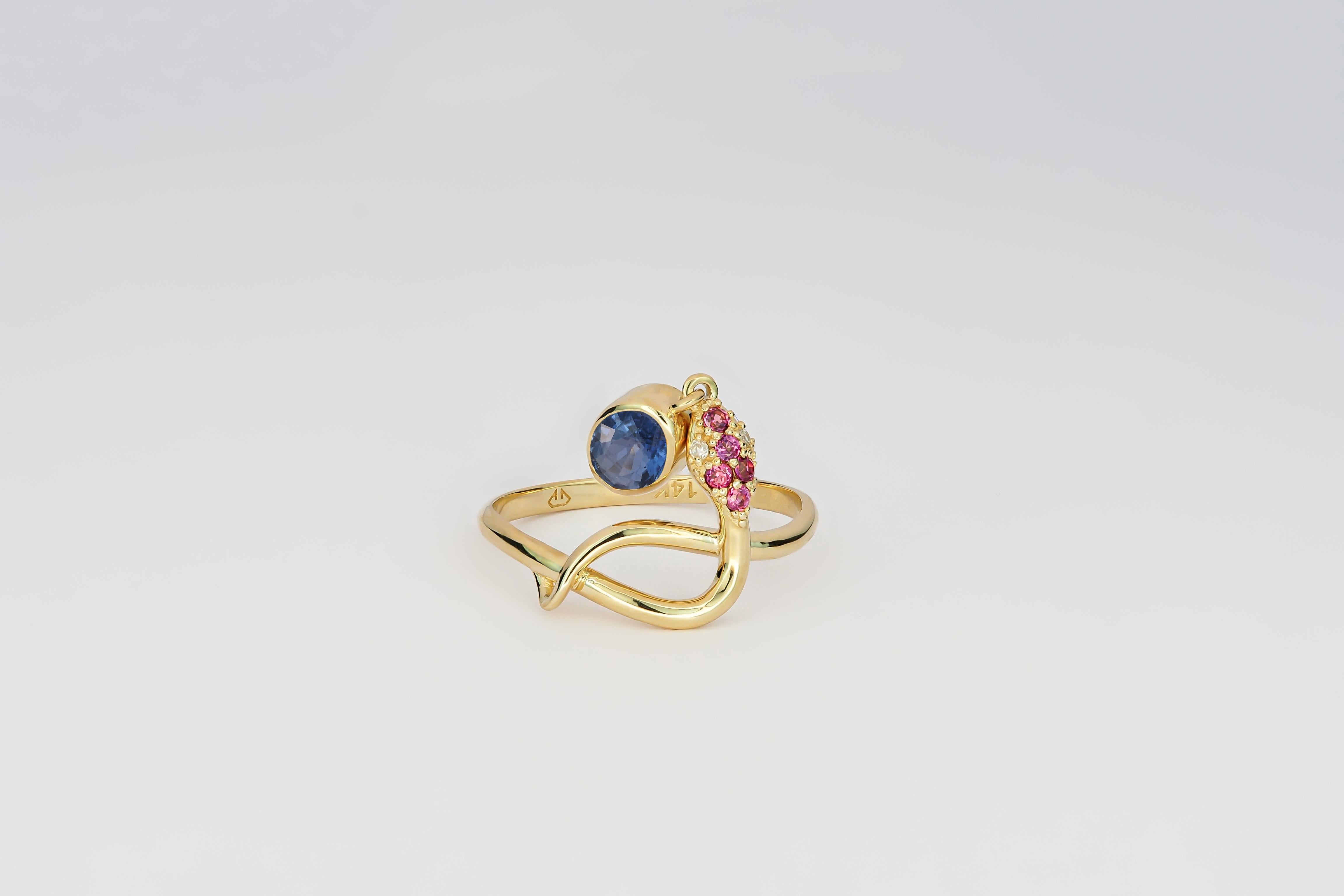 Snake ring with sapphire. Blue sapphire gold ring. Snake gold ring. Genuine sapphire ring. Oval sapphire ring. December birthstone ring. Sapphire vintage ring. 
14k yellow gold ring with blue sapphire, rose sapphires and diamonds. 

Metal: 14k