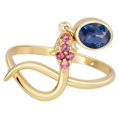 Snake Ring with Sapphire, Blue Sapphire Gold Ring, Snake Gold Ring