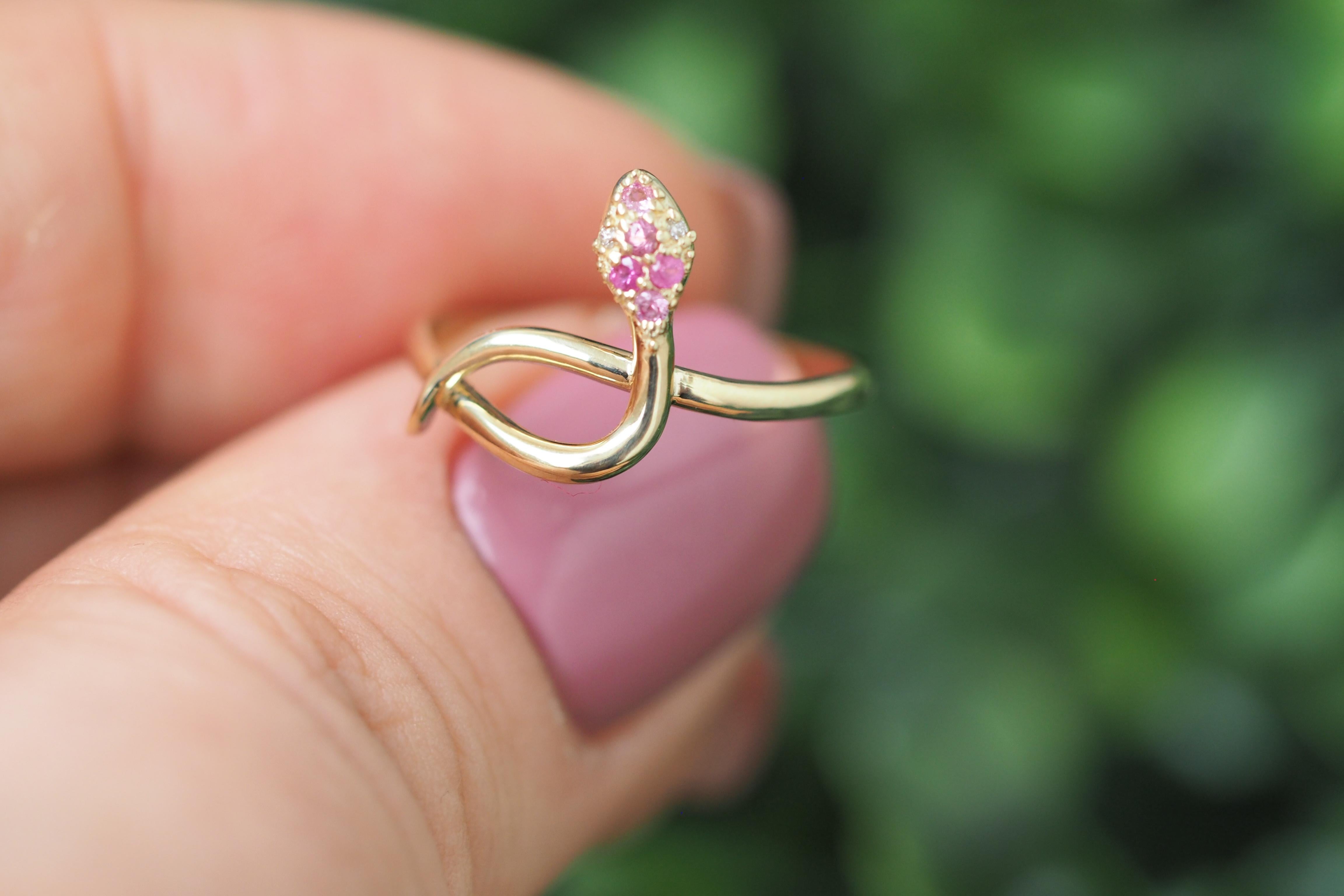 Snake Ring With Sapphires, Diamonds in 14k gold. 
Small snake gold ring. Pink sapphire gold ring. Serpentine gold ring. Animal Gold Ring.

Metal type: 14k solid gold
Weight: 1.70 g. (depends on size)

Gemstones:
Natural sapphires: 5 pieces, weight -