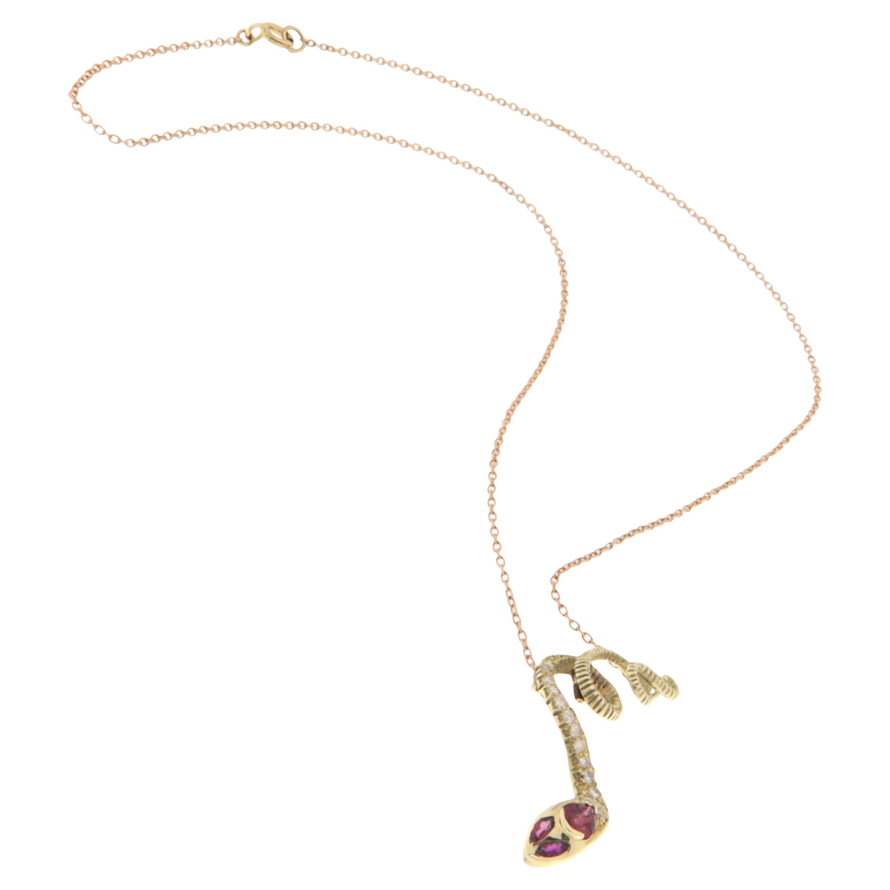 Collar Colgante Serpiente Rubíes Diamantes Oro Amarillo 14 Kilates