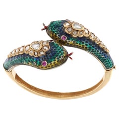 Snake Rubies Rose Cut Diamonds 14 Karat Yellow Gold Bangle Bracelet