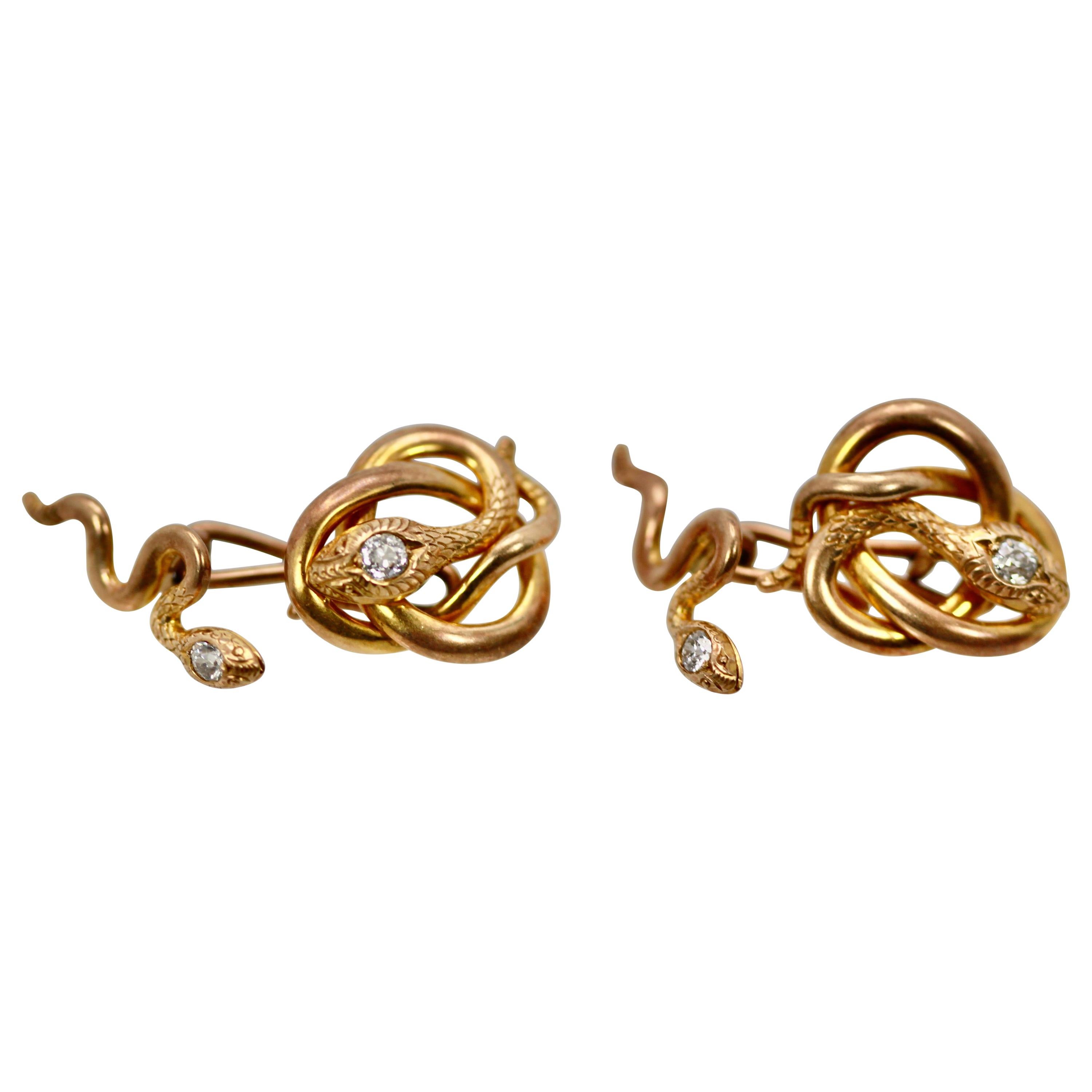Snake Serpent Cufflinks Highly Detailed Etched 14 Karat Yellow Gold For Sale