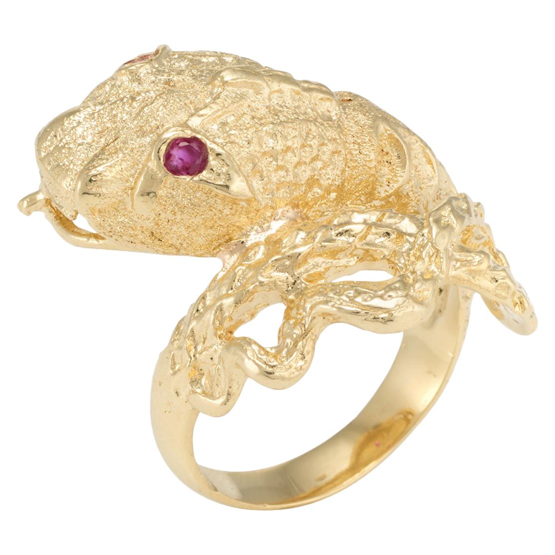 Snake Serpent Ring Vintage 18 Karat Yellow Gold Ruby Eyes Fine Estate Jewelry