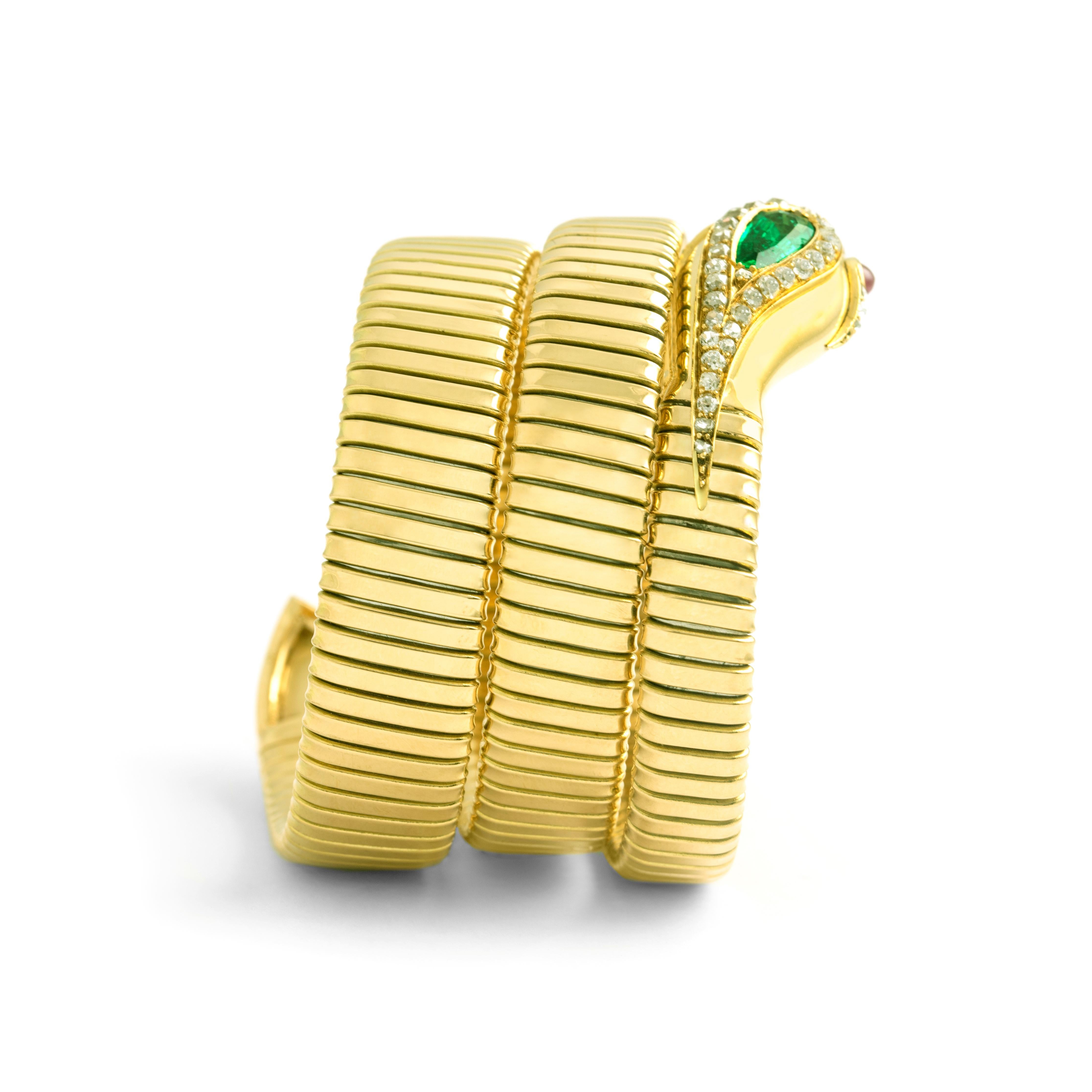 Women's or Men's Snake Serpenti Emerald Diamond Ruby Yellow Gold 18K Tubogaz Bracelet For Sale