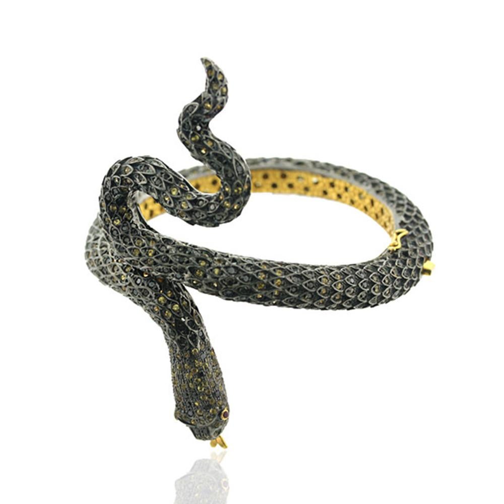 Modern Snake Shaped Bangle With Sapphire & Pave Diamonds Made in 14k Gold & Silver For Sale