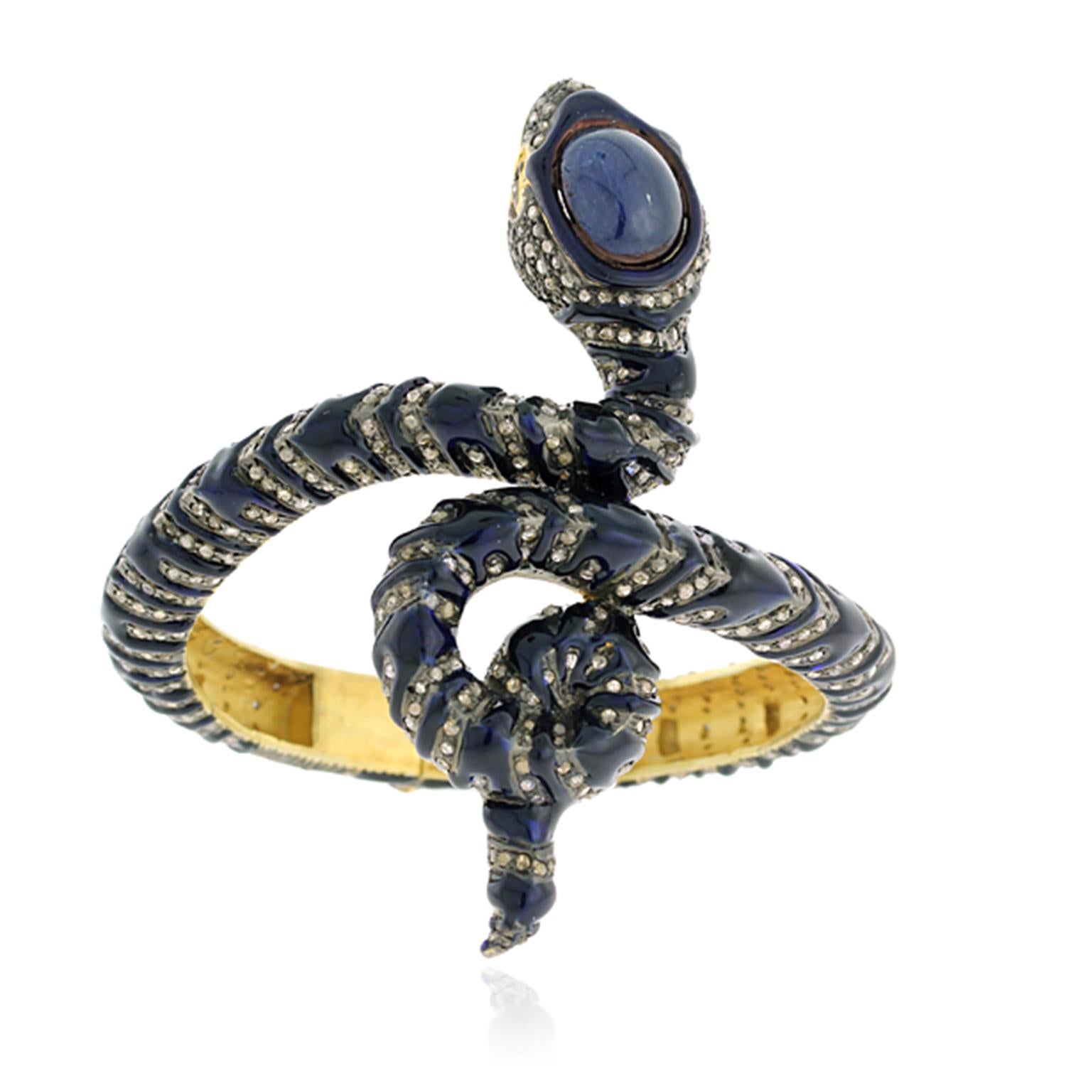 Artisan Snake Shaped Blue Sapphire Bangle Accented With Pave Diamonds For Sale