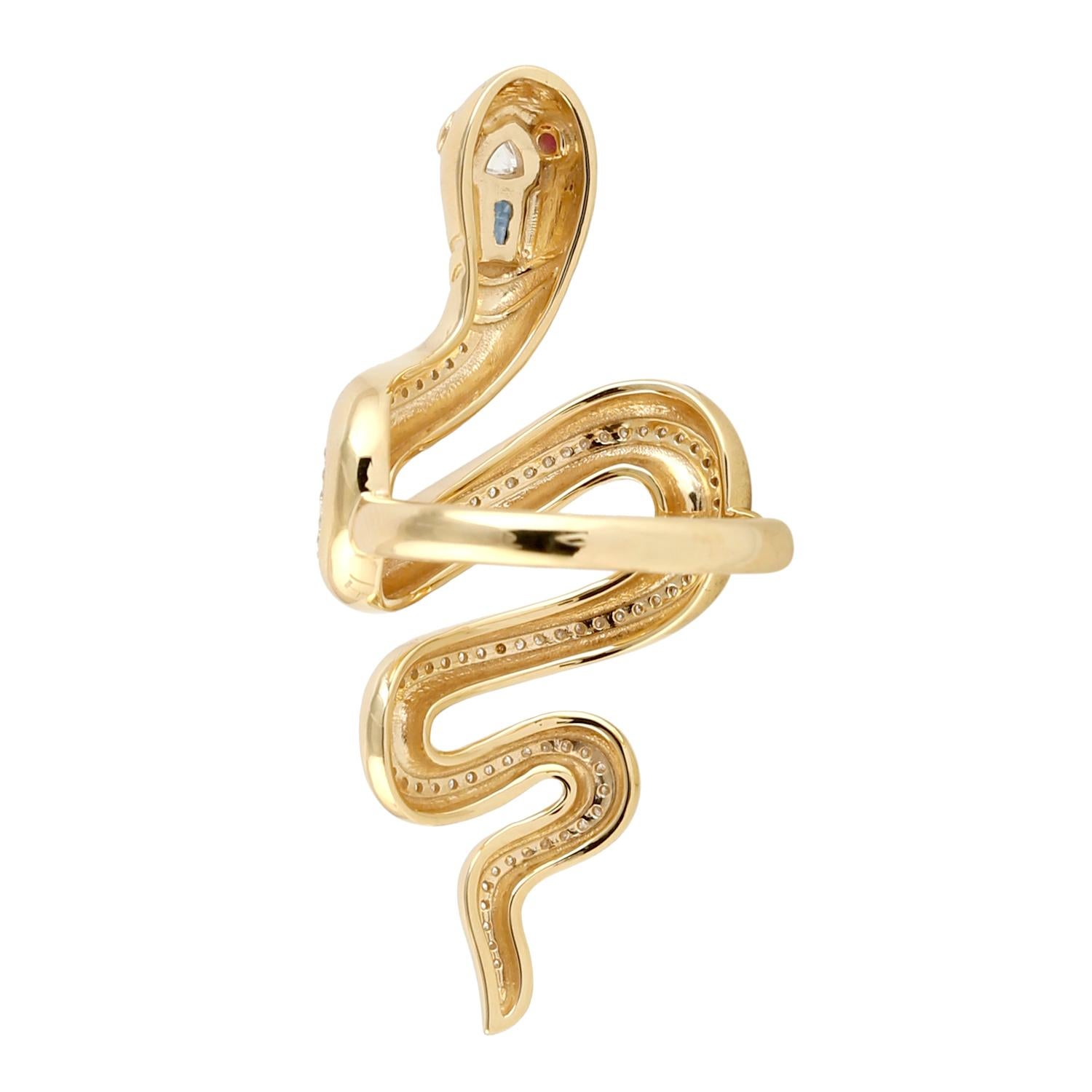 Artisan Snake Shaped Long Ring With Ruby & Sapphire With Pave Diamonds In Yellow Gold For Sale