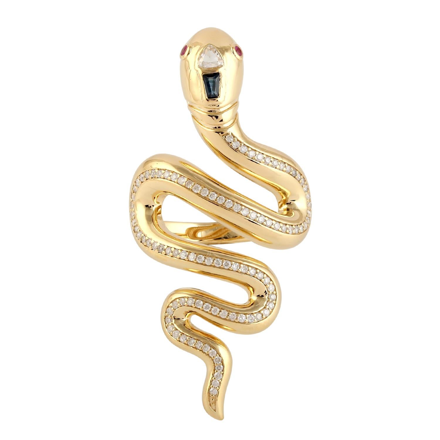 Mixed Cut Snake Shaped Long Ring With Ruby & Sapphire With Pave Diamonds In Yellow Gold For Sale