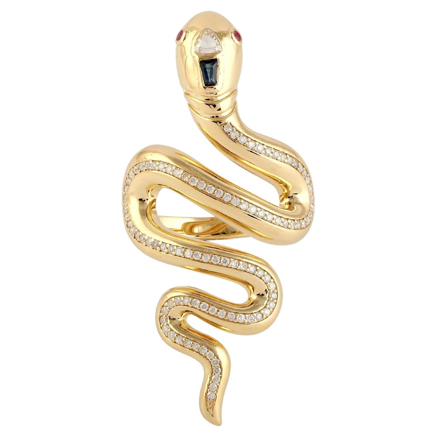 Snake Shaped Long Ring With Ruby & Sapphire With Pave Diamonds In Yellow Gold