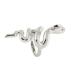 Snake Shaped Ring With Ruby , Sapphire & Diamonds Made In 14k White Gold