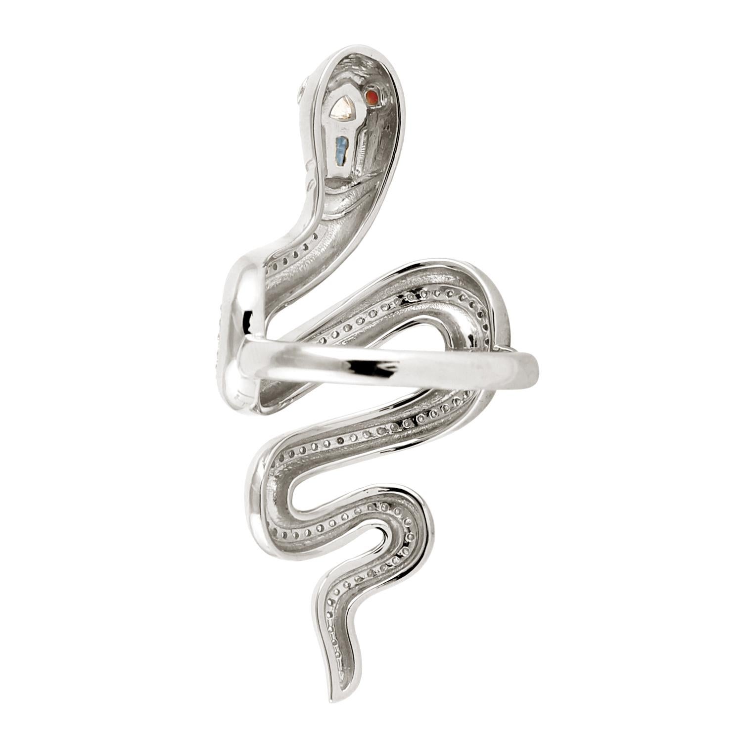 Art Nouveau Snake Shaped Ring With Ruby , Sapphire & Diamonds Made In 14k White Gold For Sale