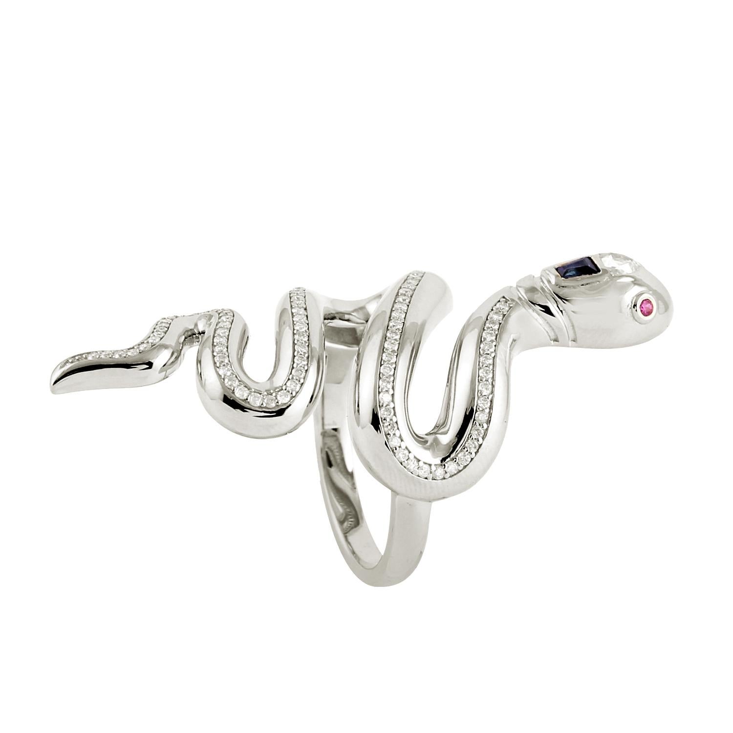 Mixed Cut Snake Shaped Ring With Ruby , Sapphire & Diamonds Made In 14k White Gold For Sale