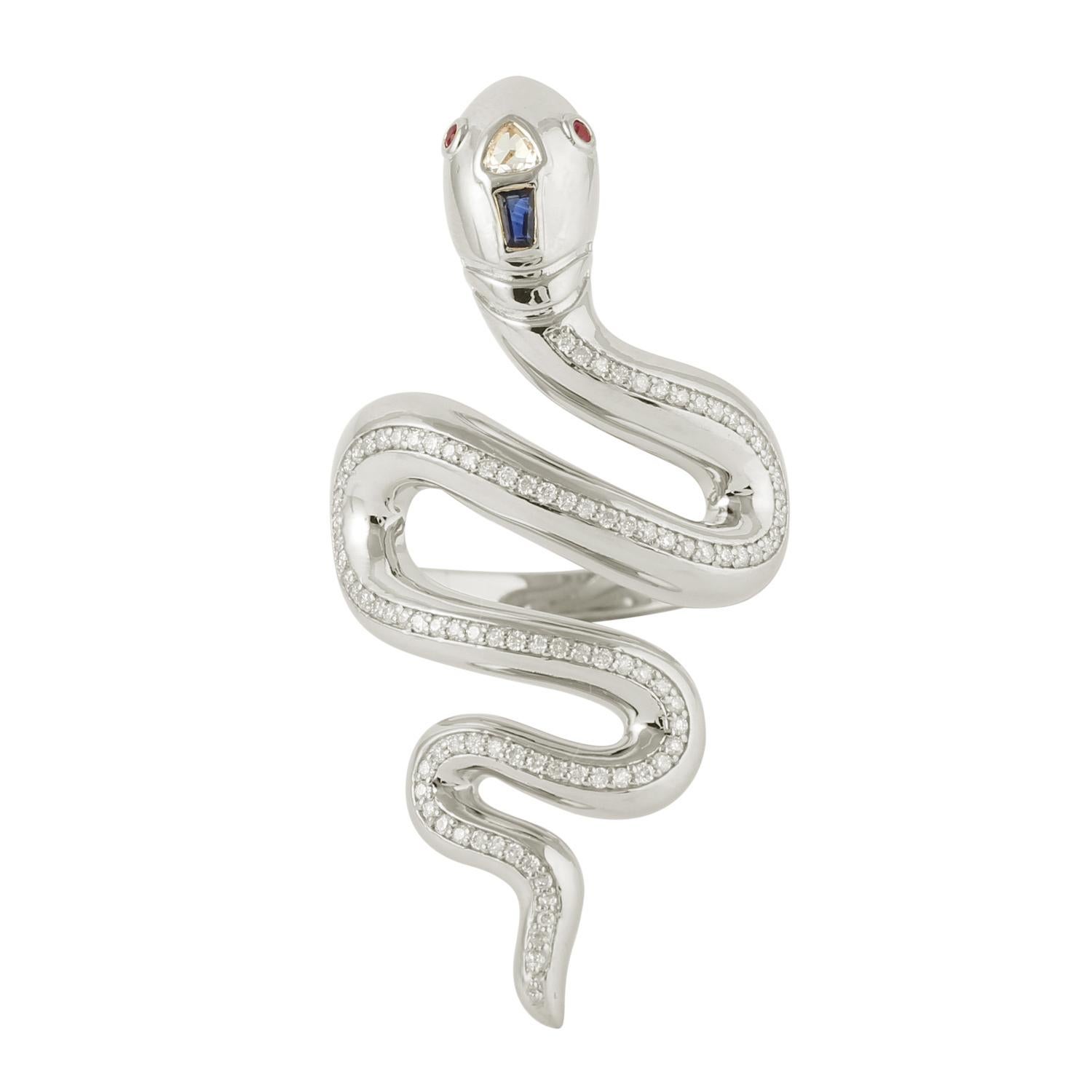 Snake Shaped Ring With Ruby , Sapphire & Diamonds Made In 14k White Gold In New Condition For Sale In New York, NY
