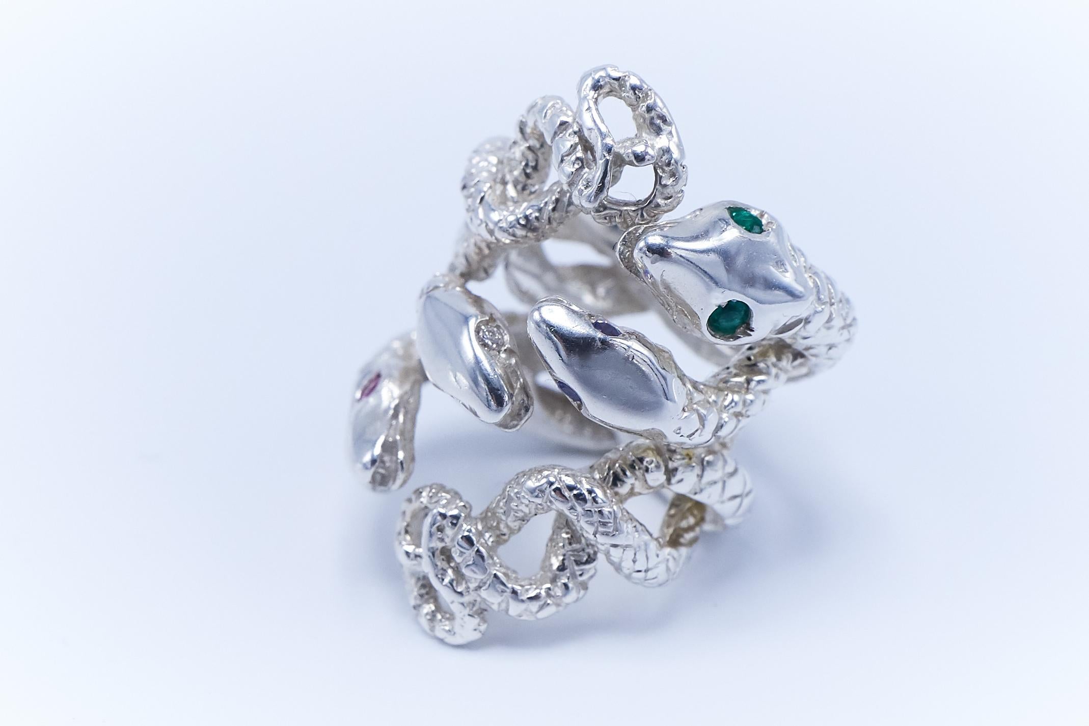 Emerald White Diamond Pink Sapphire Tanzanite Snake Silver Ring J Dauphin In New Condition In Los Angeles, CA
