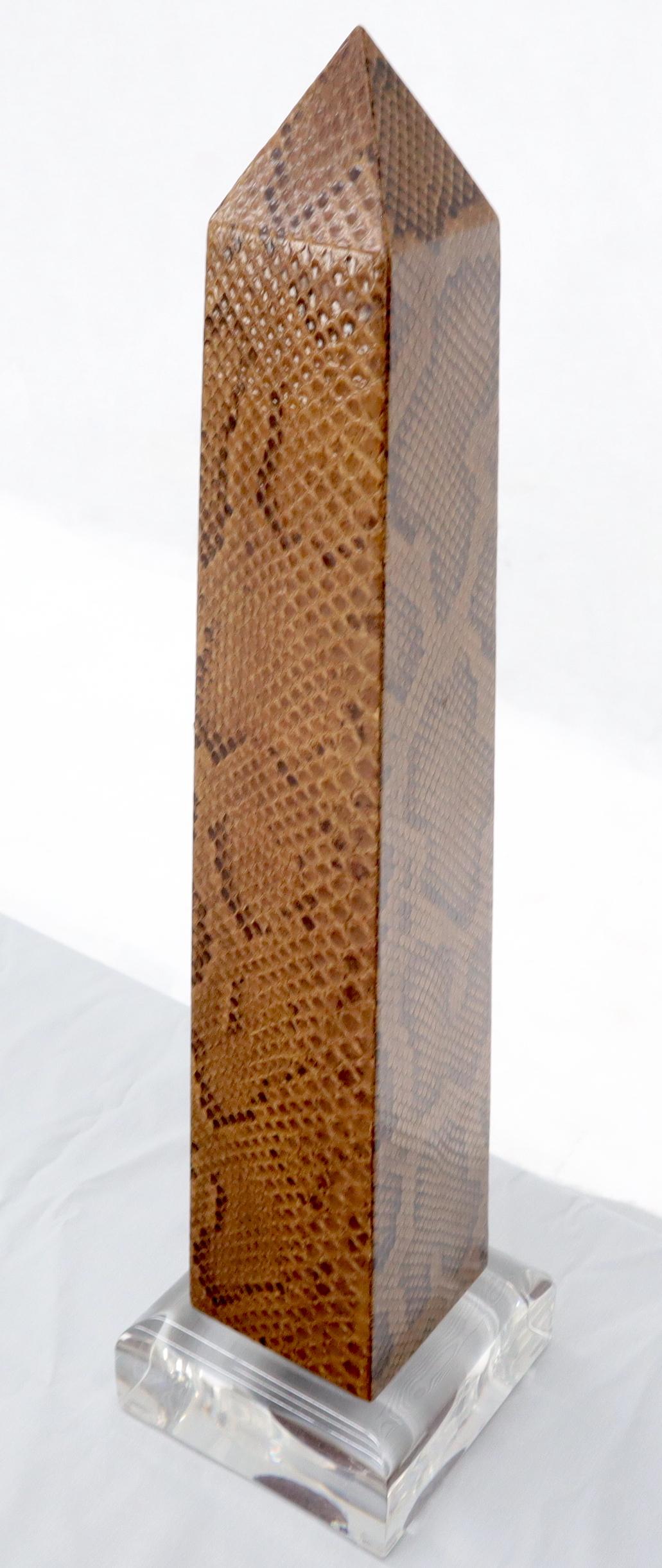 American Snake Skin Obelisk on Polished Lucite Pedestal For Sale
