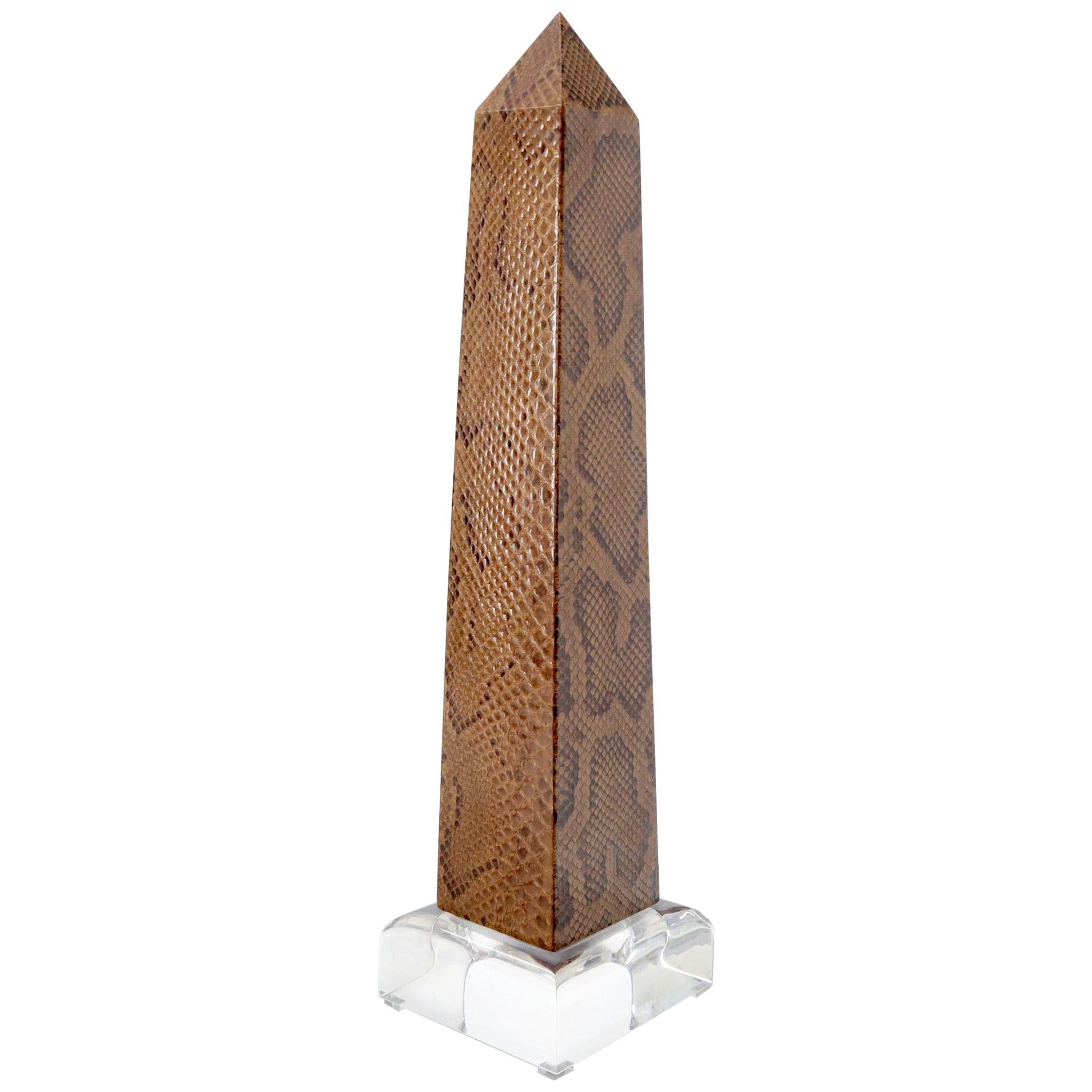 Snake Skin Obelisk on Polished Lucite Pedestal For Sale