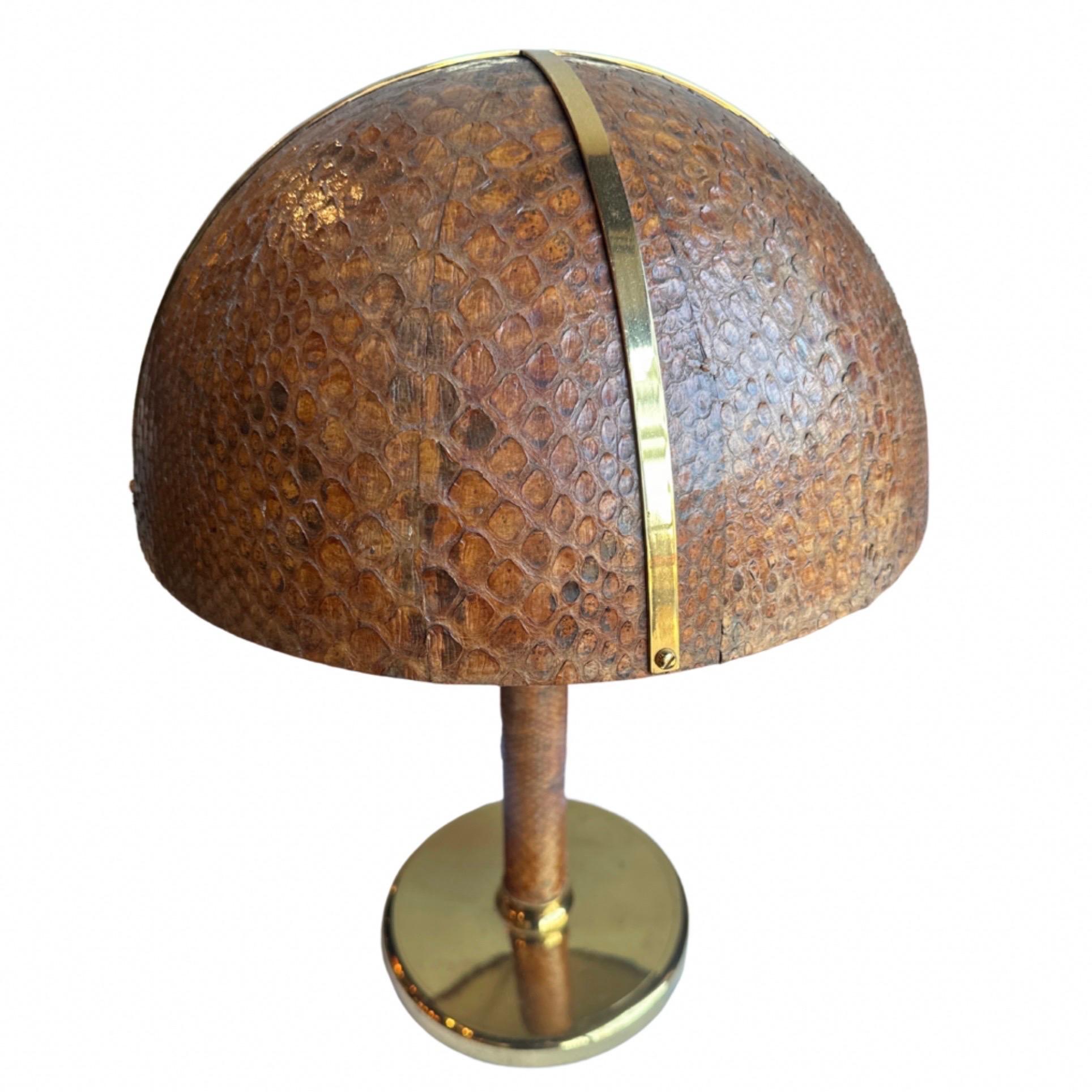 Italian Snake Skin & Brass Accent Table Lamp In the Manner of Gabriella Crespi For Sale