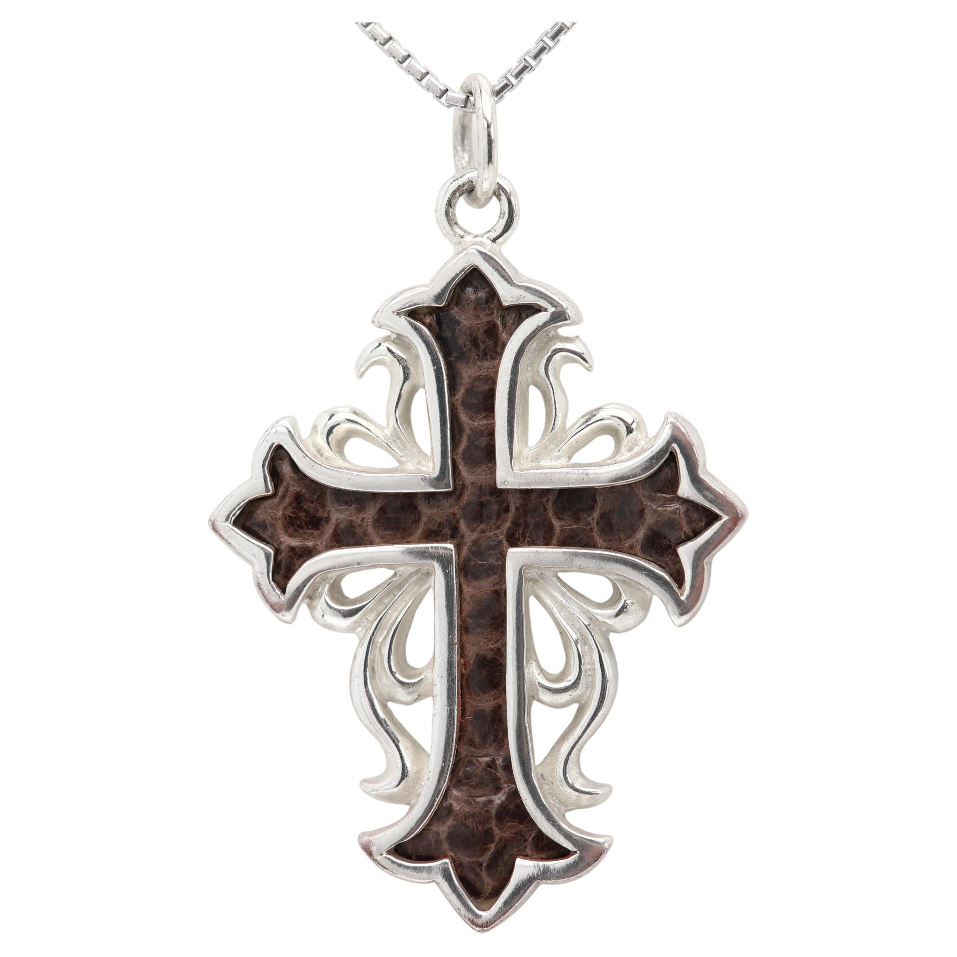 Croce in pelle di serpente Ciondolo in vera pelle di serpente in argento sterling