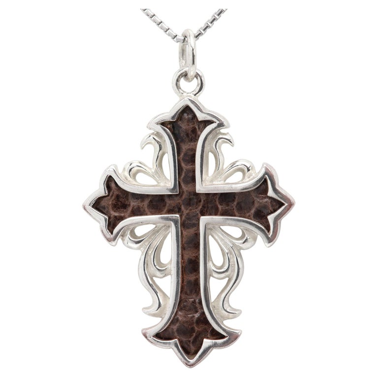 Snake Skin Cross Sterling Silver Real Snake Leather Cross Pendant 