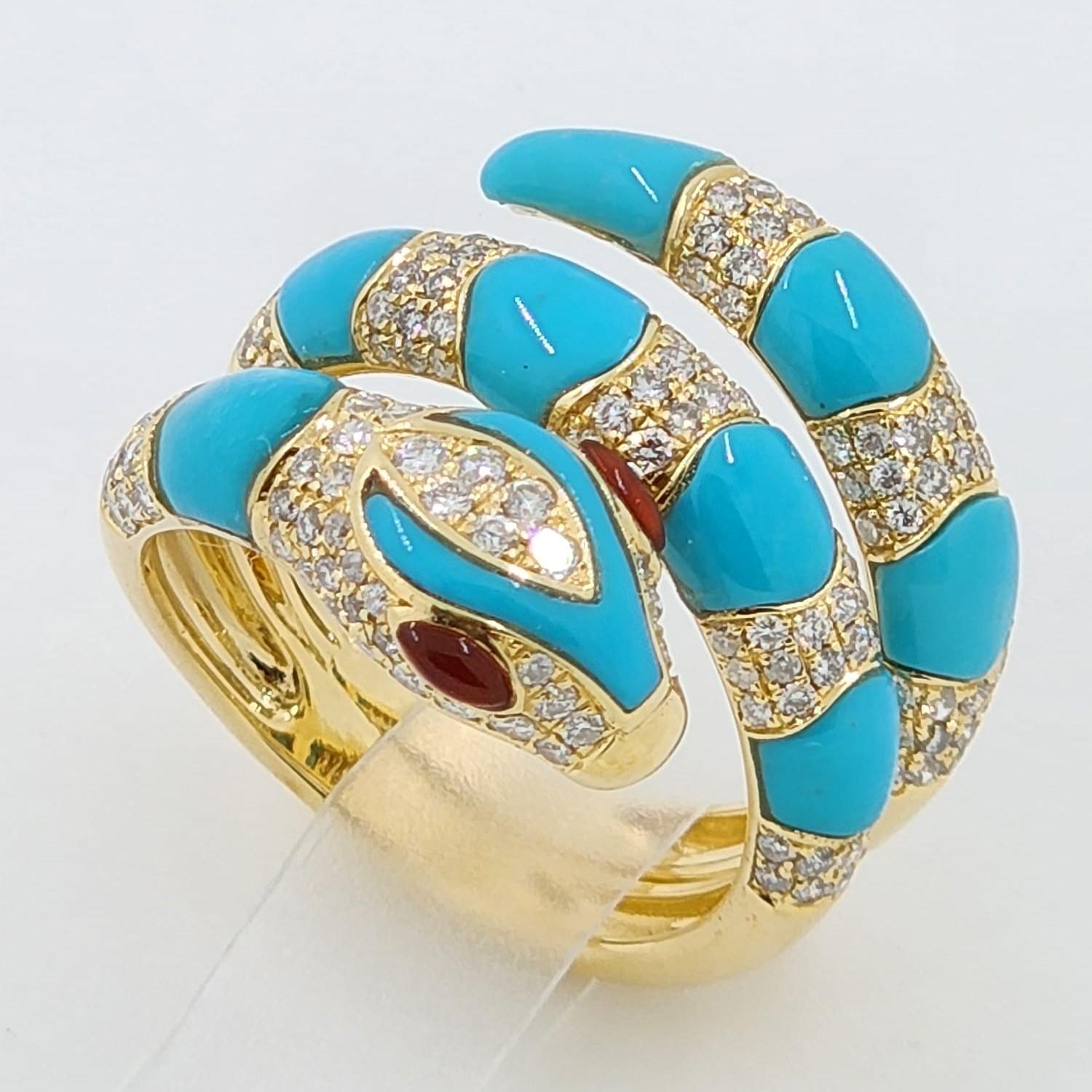 Schlangenring aus 18 Karat Gelbgold mit stabilisiertem Türkis und Diamant (Modernistisch)