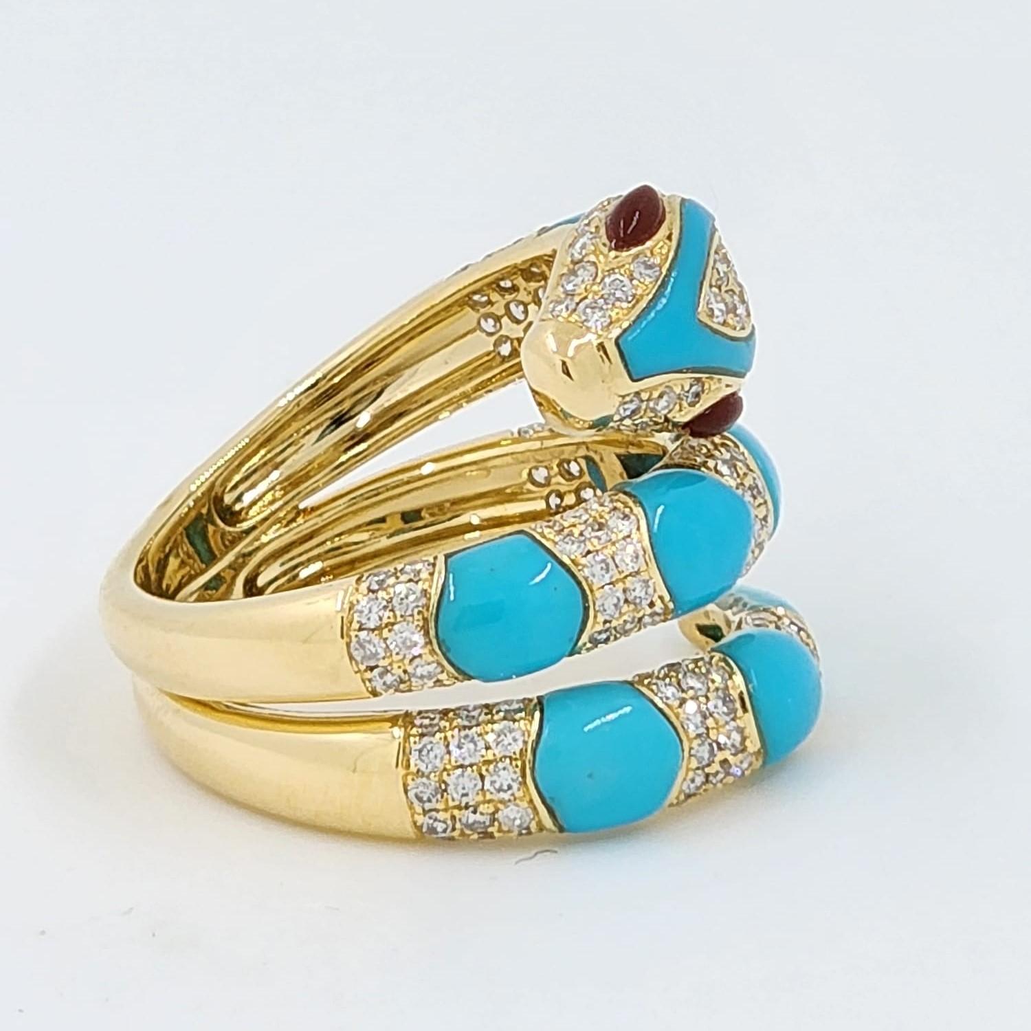 Schlangenring aus 18 Karat Gelbgold mit stabilisiertem Türkis und Diamant Damen