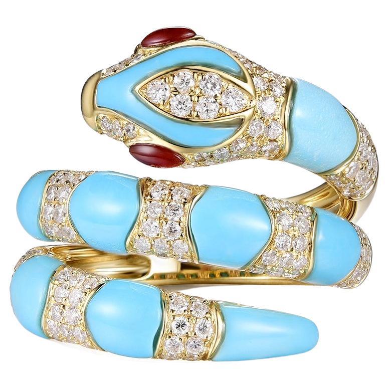 Dieser atemberaubende Schlangenring ist mit 0,99 Karat weißen runden Diamanten besetzt, der Körper ist mit stabilisiertem Türkis bedeckt. Die Augen des Rings sind mit Granat (Auge) besetzt. Die Schlange kann in jeder Farbe und mit jedem Stein