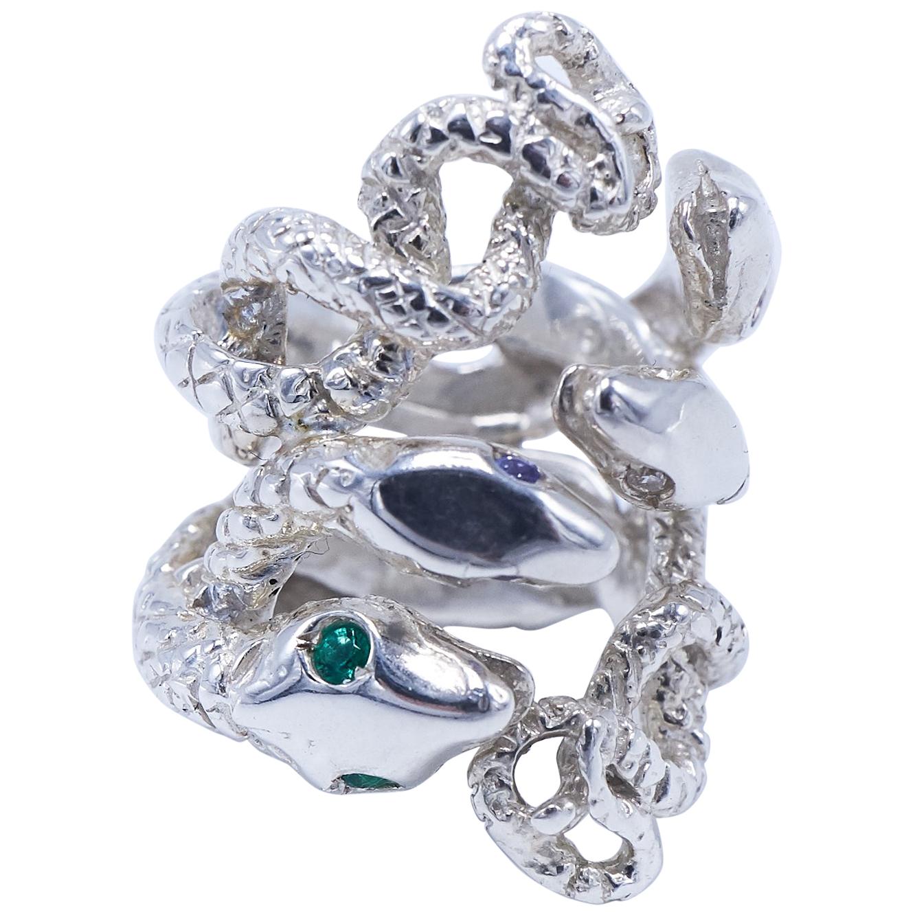 Snake Ring Serpent Wrap Emerald Diamond Sapphire Silver Adjustable For Sale