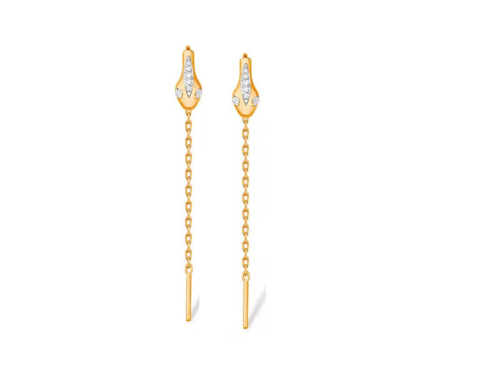 Modern Snake threader chain earrings 14k gold /. For Sale