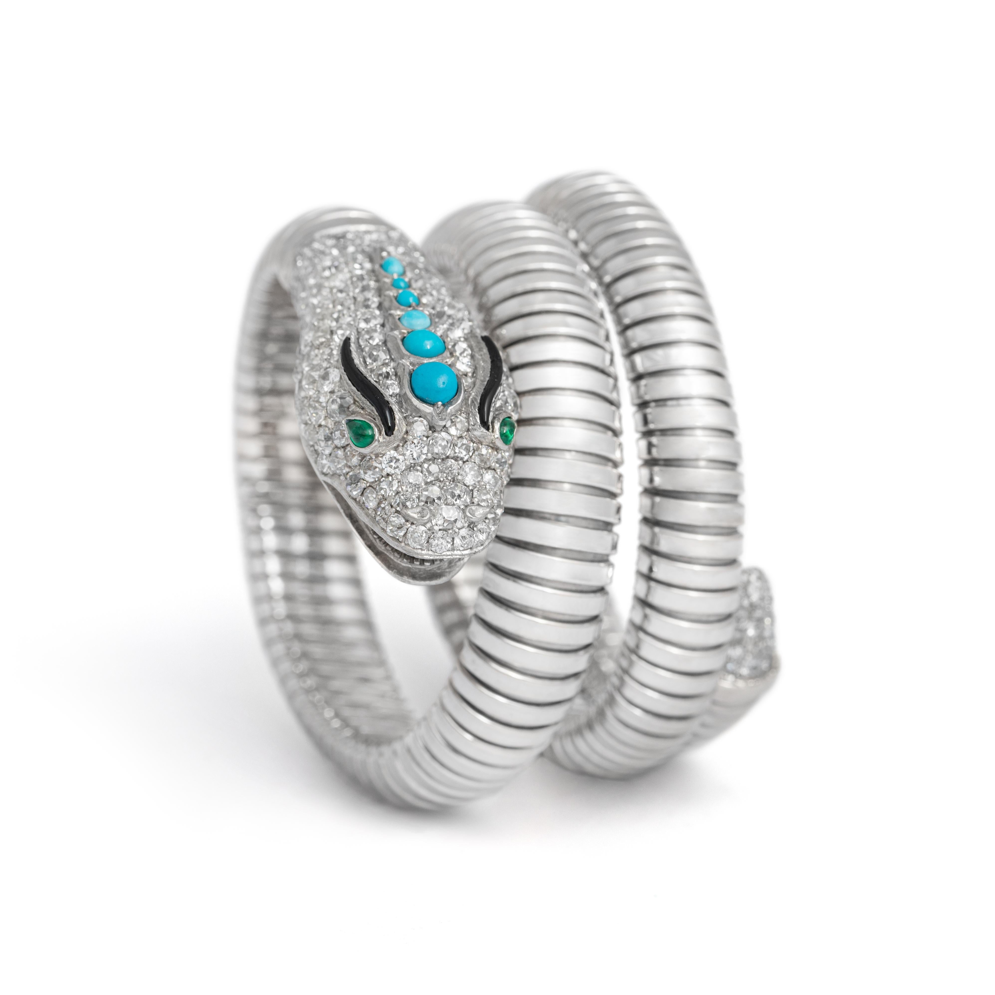 Anglo-Indian Dragon Snake Turquoise Diamond Emerald Platinum Gold Serpenti Tubogas Bracelet For Sale