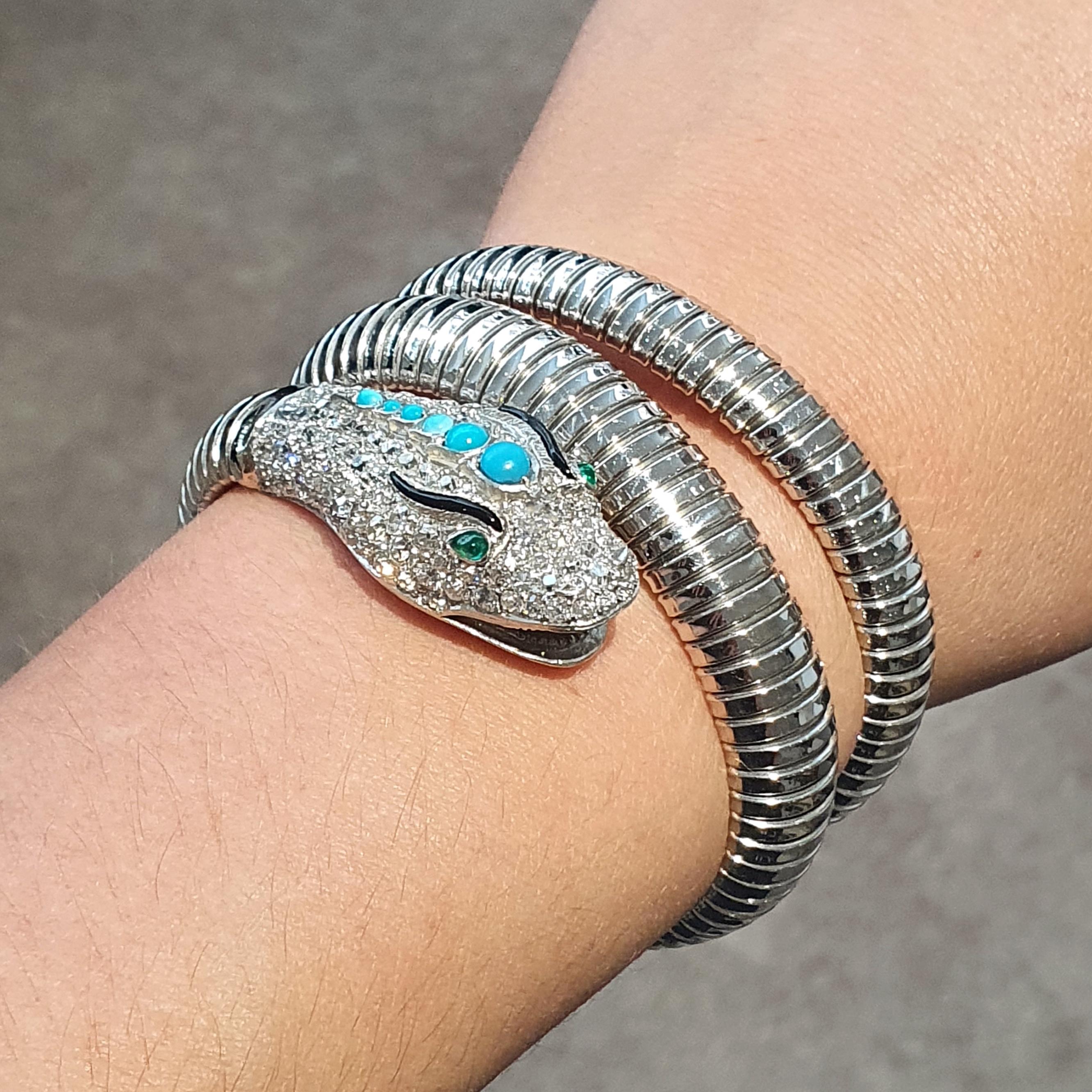 Women's or Men's Dragon Snake Turquoise Diamond Emerald Platinum Gold Serpenti Tubogas Bracelet For Sale