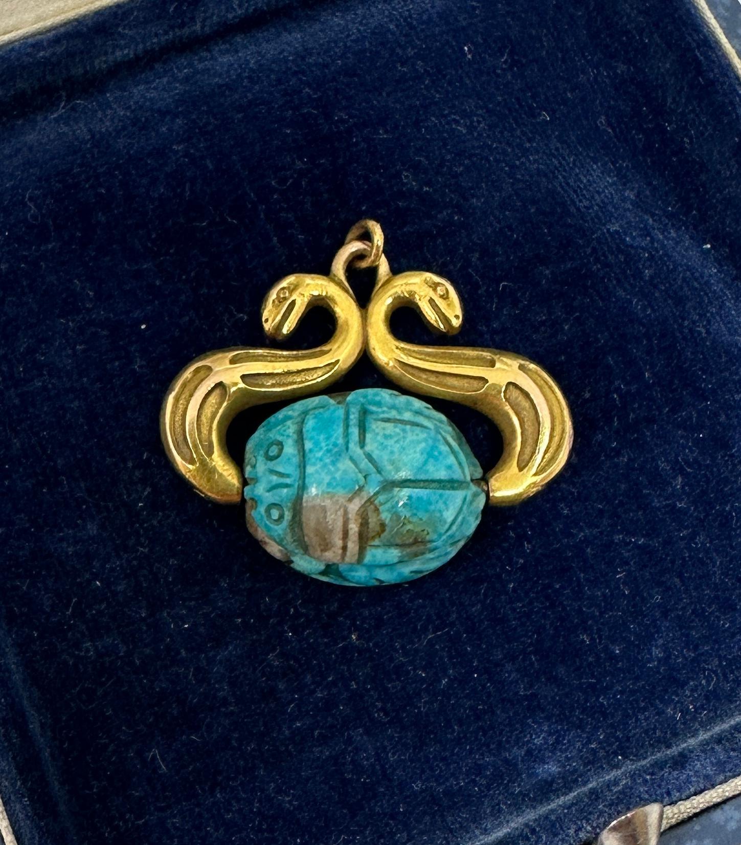 Collar Colgante Serpiente Turquesa Escarabajo Renacimiento Egipcio Oro Antiguo Victoriano Renacimiento egipcio en venta